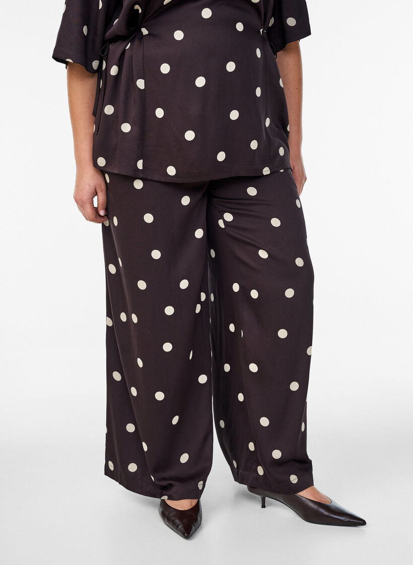 Pantalon en viscose &agrave; pois et &agrave; coupe ample, Marron, Model image number 3