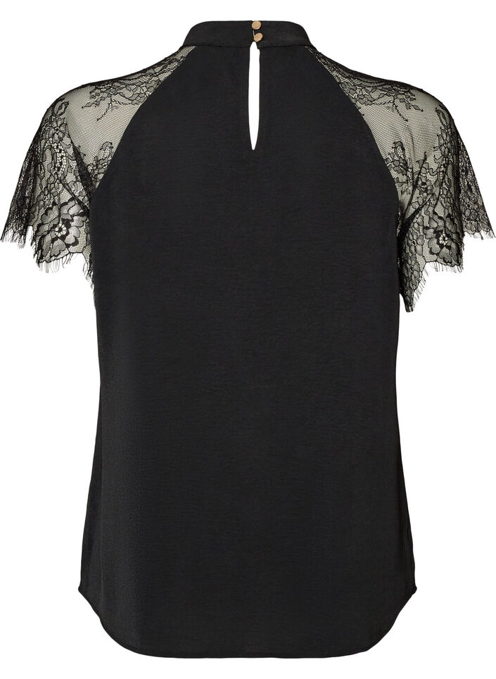Blouse &agrave; col montant avec manches courtes en dentelle, Noir, Packshot image number 1
