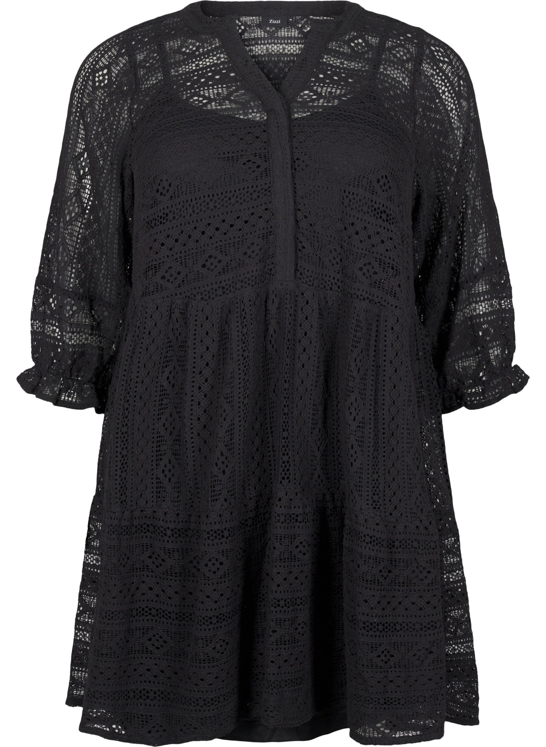 Zizzi Robe courte en dentelle &agrave; manches 3/4, Black, Packshot image number 0
