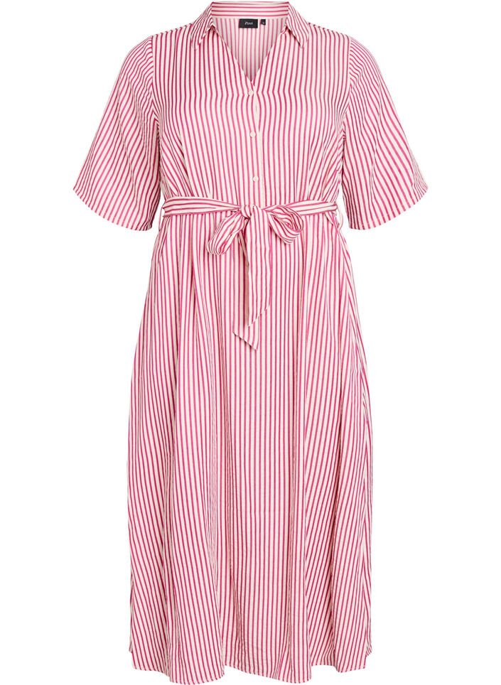 Robe-chemise longue jusqu&rsquo;aux chevilles avec ceinture &agrave; nouer et rayures, Rose, Packshot image number 0