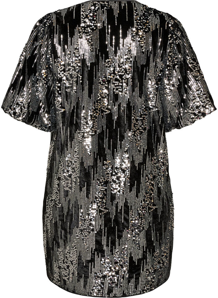 Robe courte en sequins avec des manches ballon, Noir, Packshot image number 1