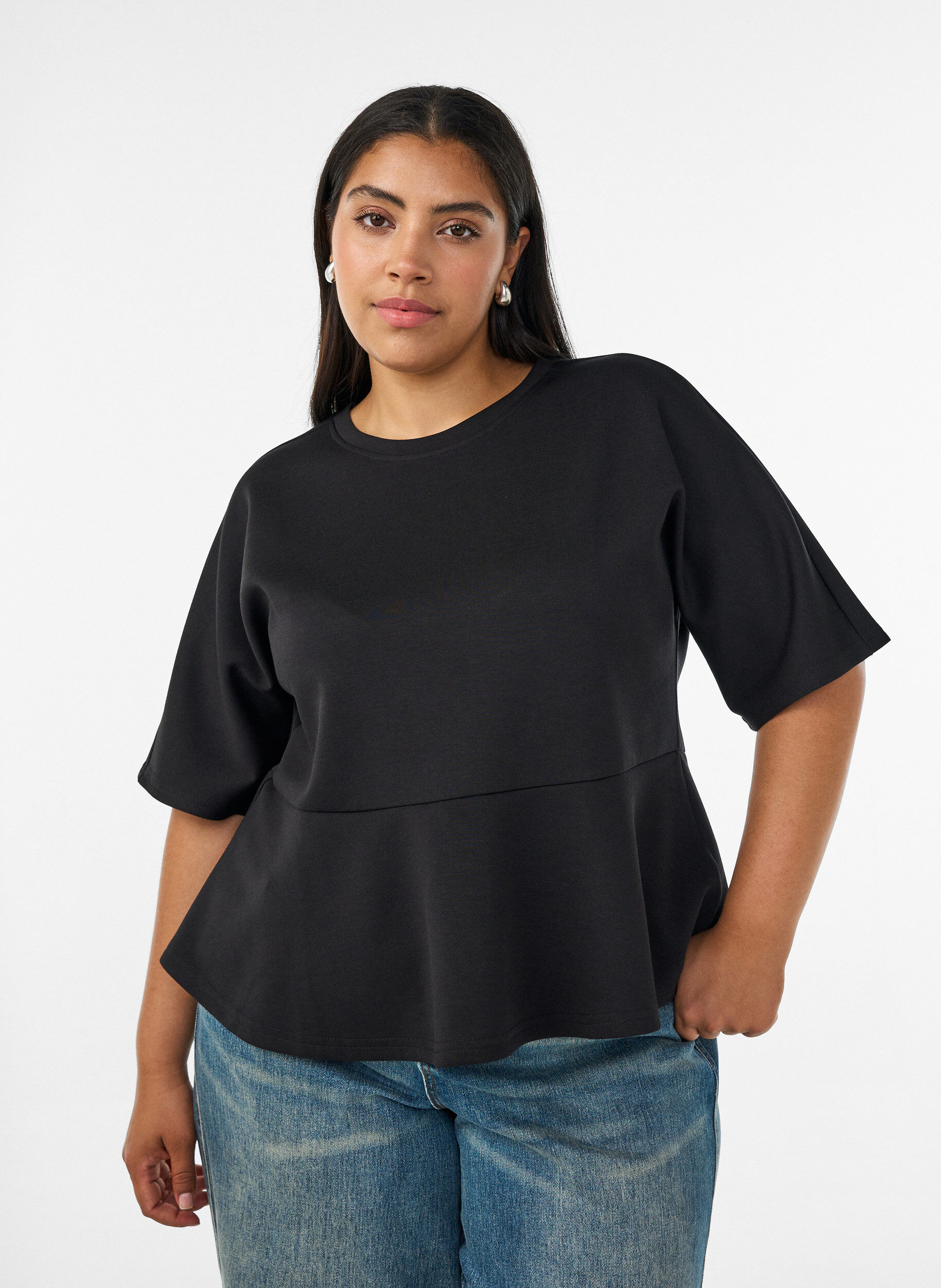 Blouse peplum avec manches longueur coude, Noir, Model