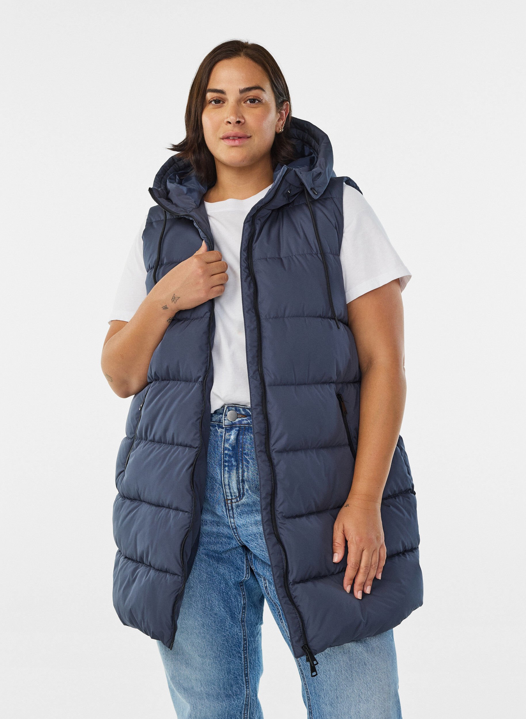 ZizziVeste longue avec capuche et poches, Bleu, Model image number 0