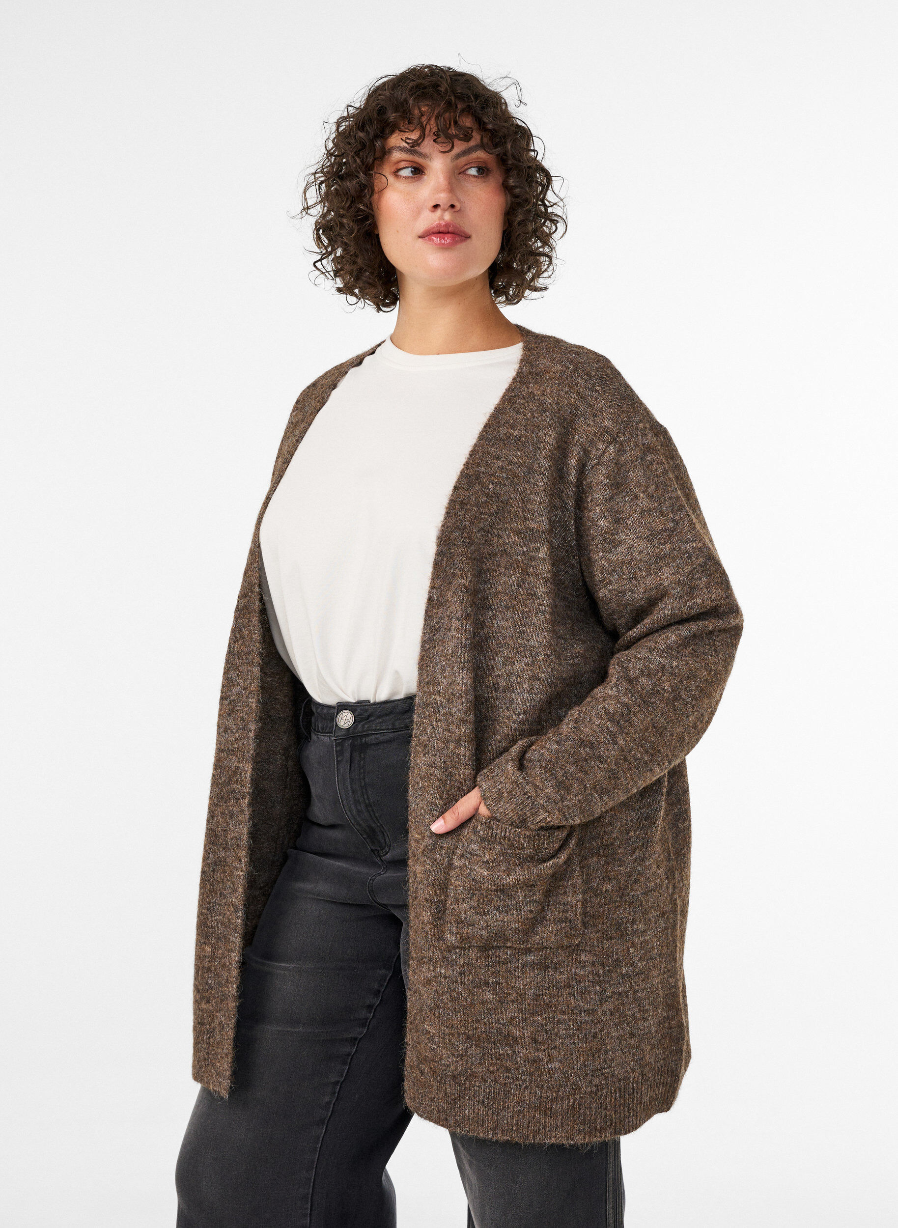 Cardigan long avec poches, Marron, Model