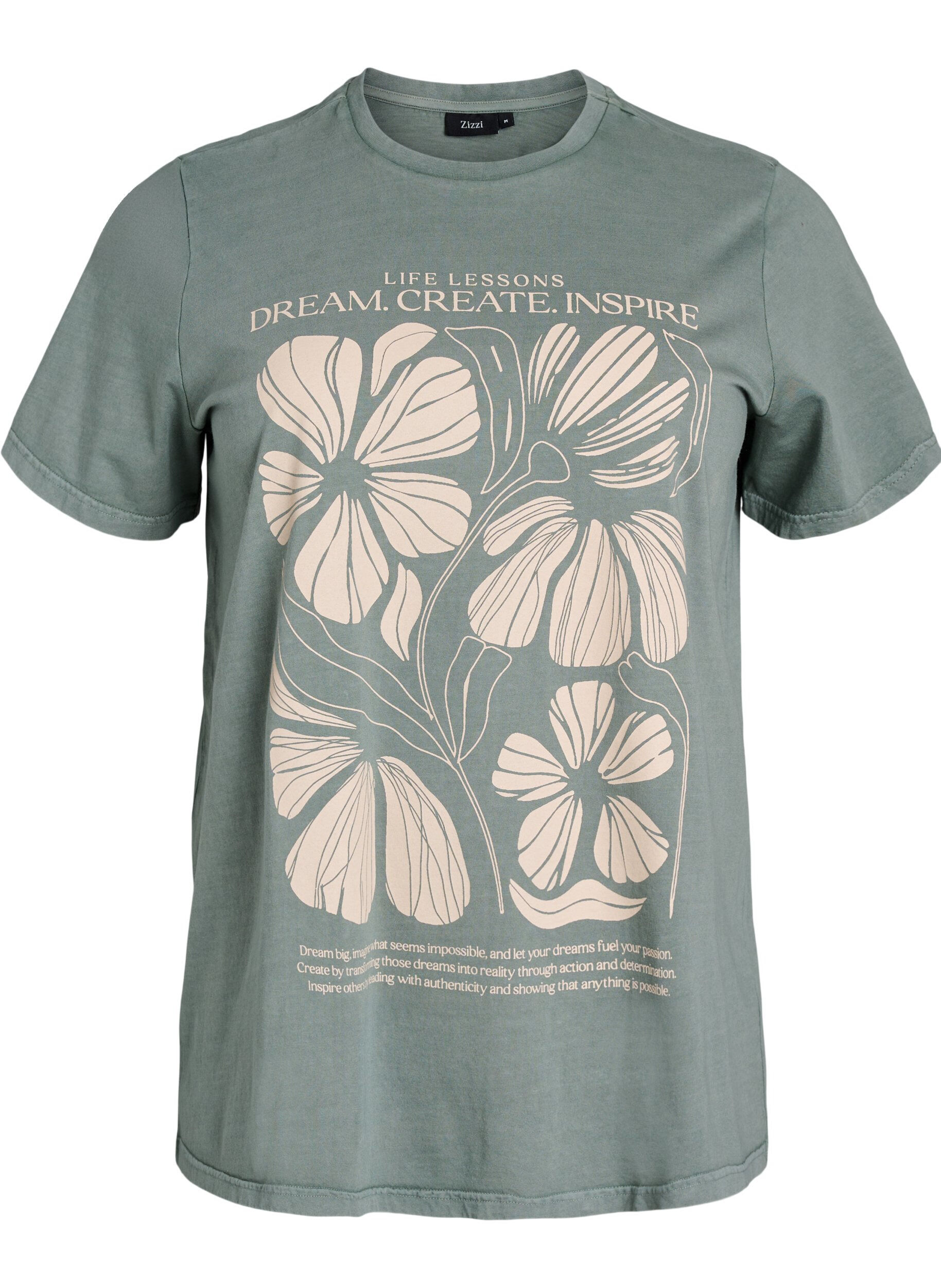 Zizzi T-Shirt aus Bio-Baumwolle mit Textaufdruck und Blumenprint, Gr&uuml;n, Packshot image number 0