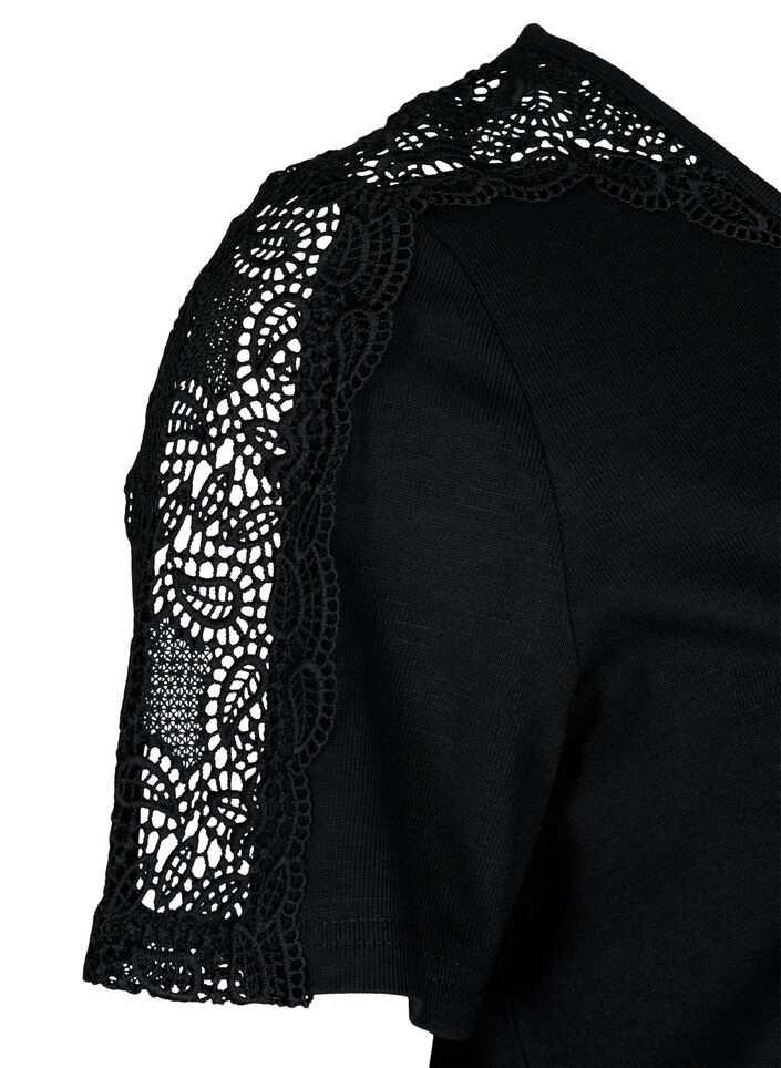 Blouse à manches courtes avec dentelle et col en V, Black, Packshot image number 3