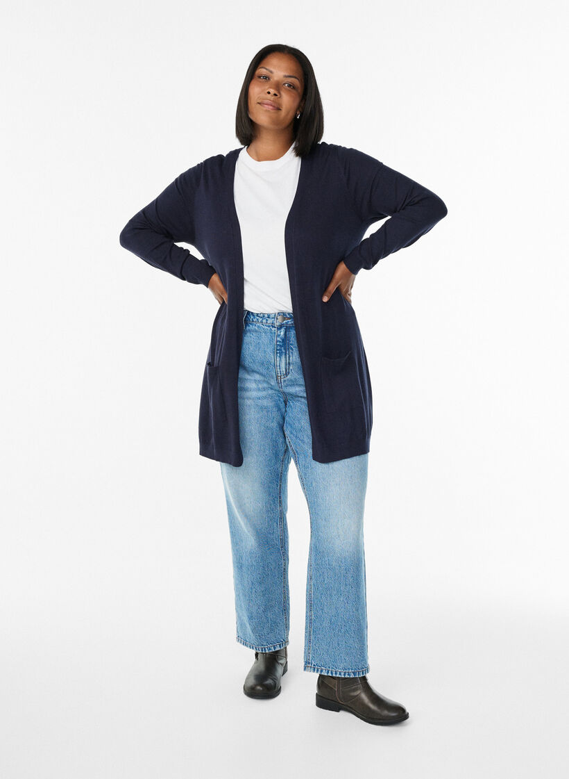 Long cardigan tricot&eacute; en m&eacute;lange de viscose, Bleu, Model image number 1