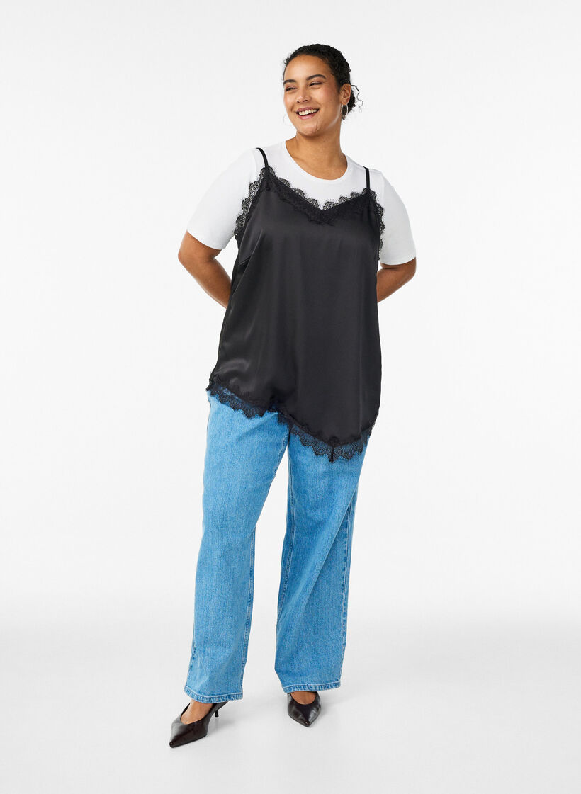 Top aus Satin mit Spitzen und asymmetrischem Saum, Schwarz, Model image number 1