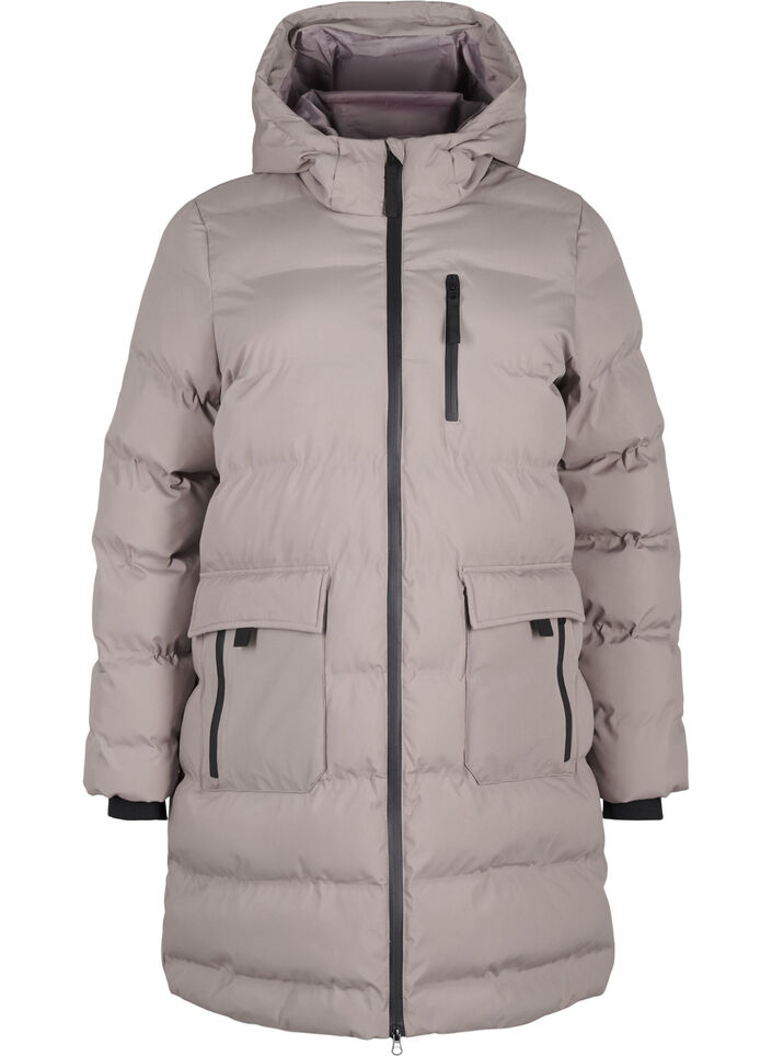 Puffermantel mit Kapuze und Taschen, Beige, Packshot image number 0