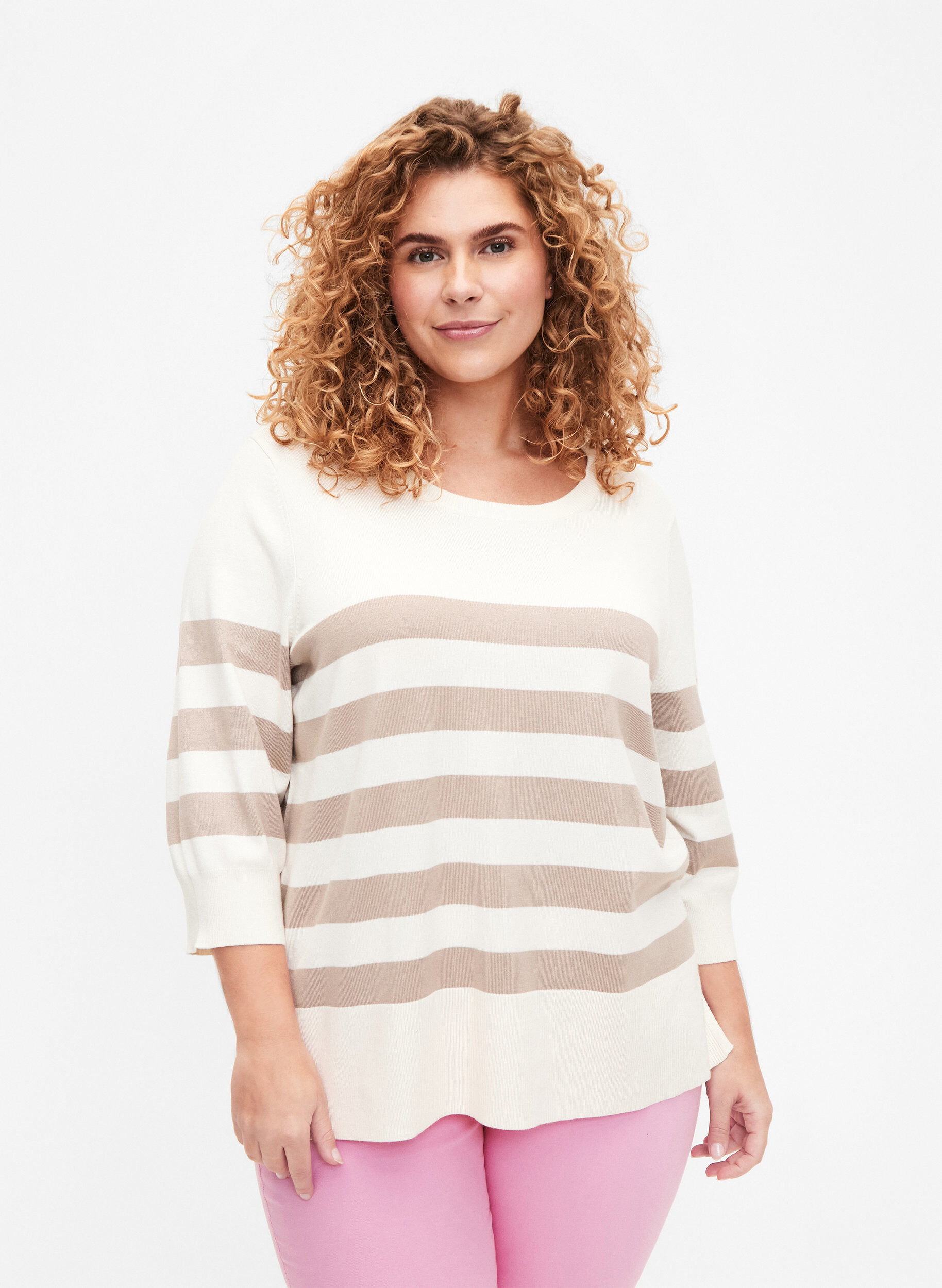 Zizzi Gestreifter Viskose-Pullover mit 3/4-&Auml;rmeln, Birch/Simply Taupe, Model image number 0