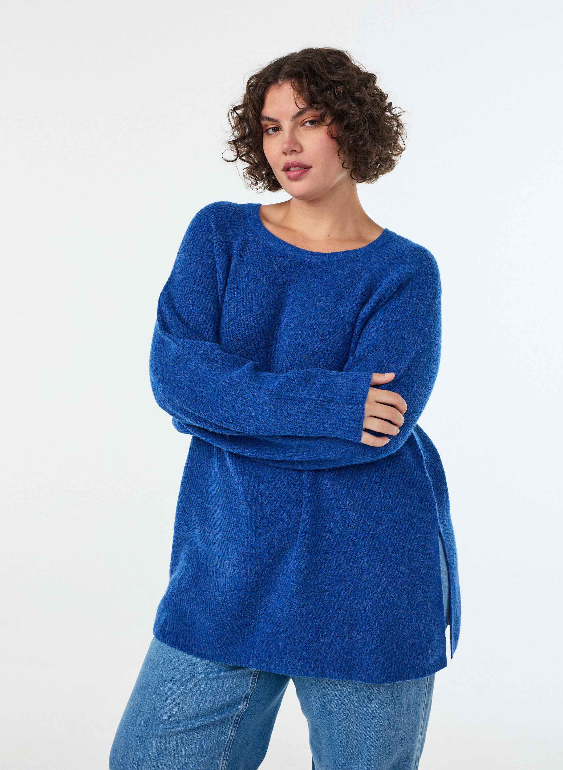 ZizziStrickpullover mit diagonalem Muster und Raglan&auml;rmeln, Blau, Model image number 0