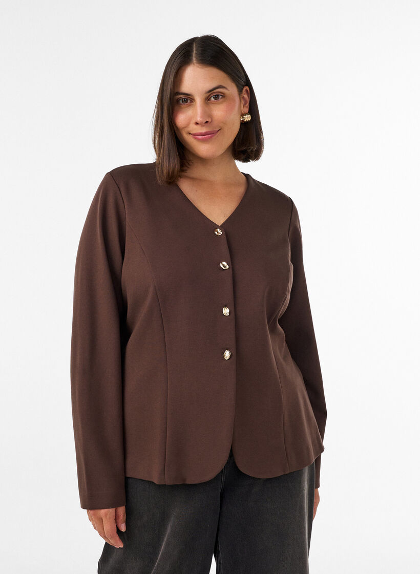 Cardigan ajust&eacute; en jersey avec boutons d&eacute;coratifs, Marron, Model image number 0
