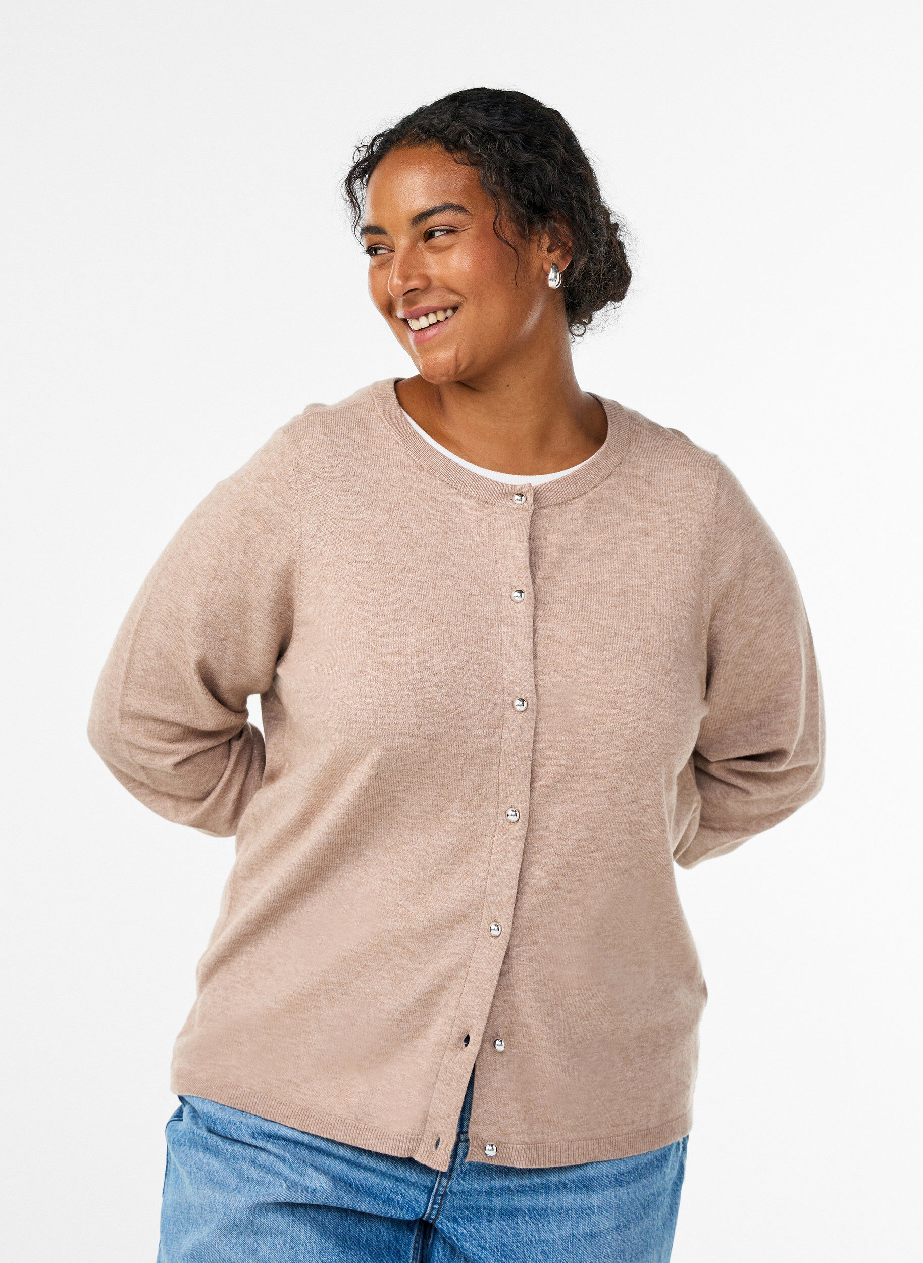 Cardigan &agrave; boutons ronds, Beige, Model