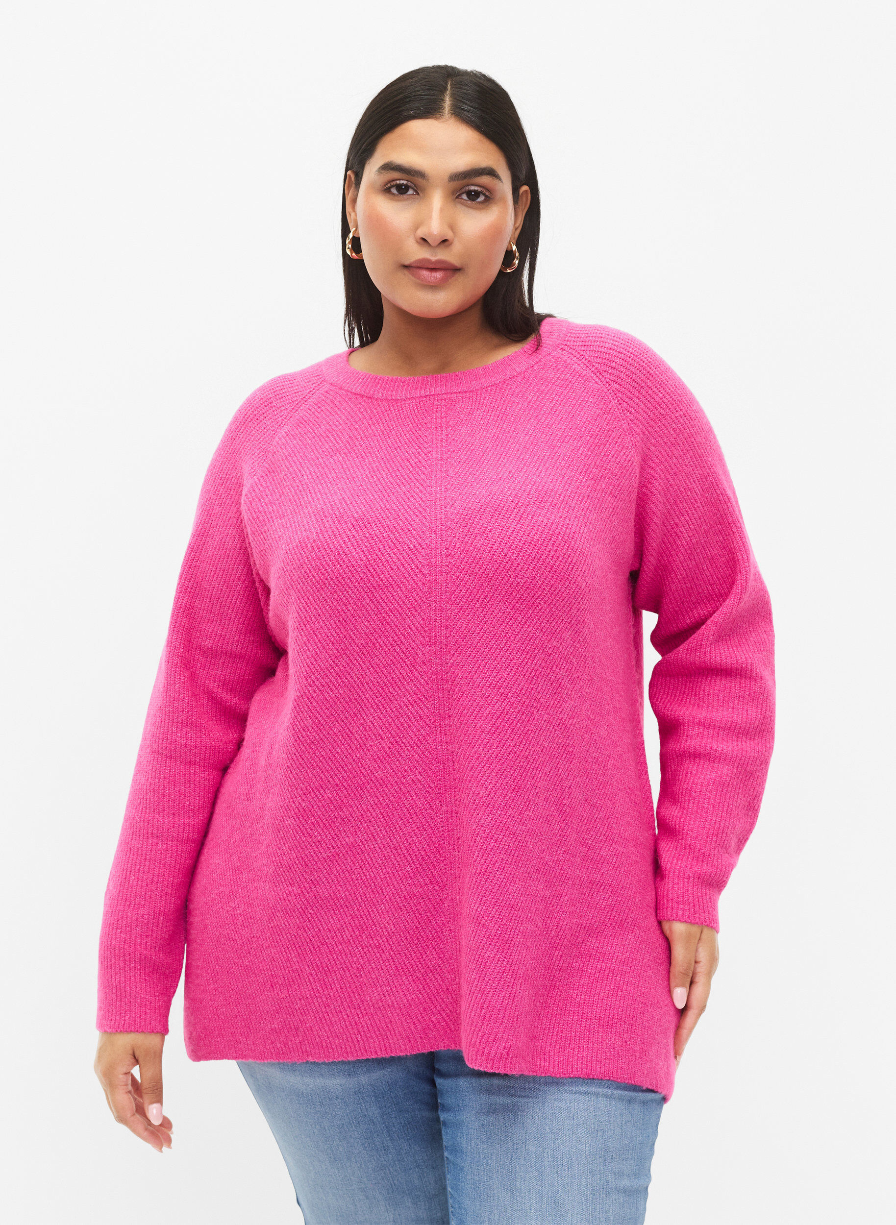 Zizzi Melange-Pullover mit Seitenschlitz, R. Rose/White Mel., Model image number 0