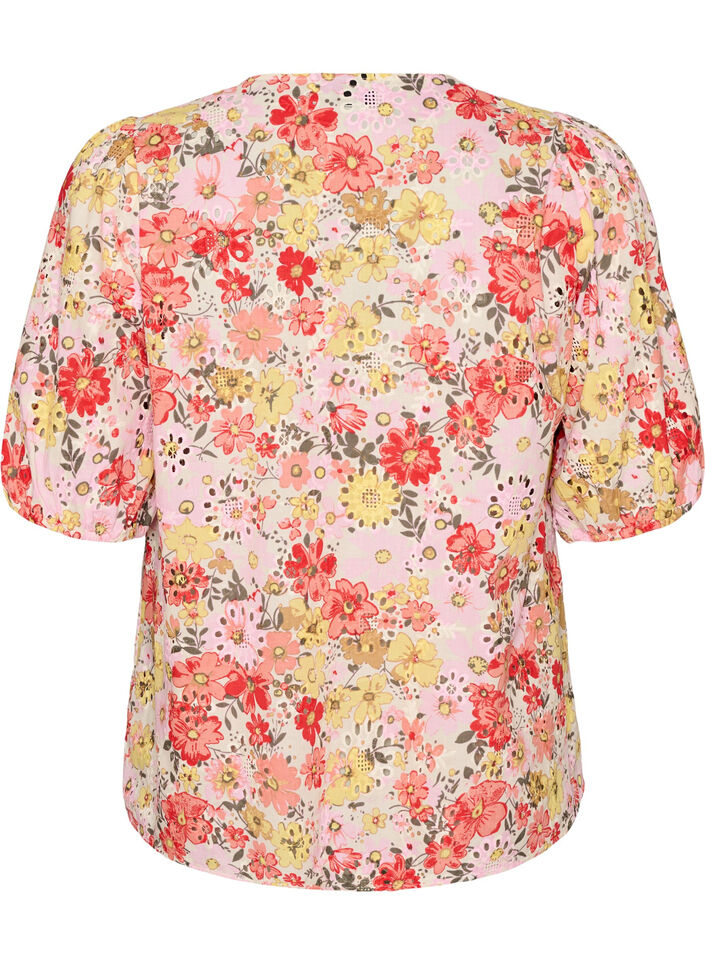 Blouse florale avec broderie ajour&eacute;e et col V, Rose, Packshot image number 1