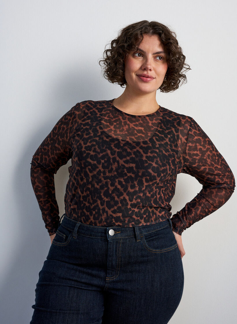 Bluse aus Mesh mit Print, Braun, Model image number 0