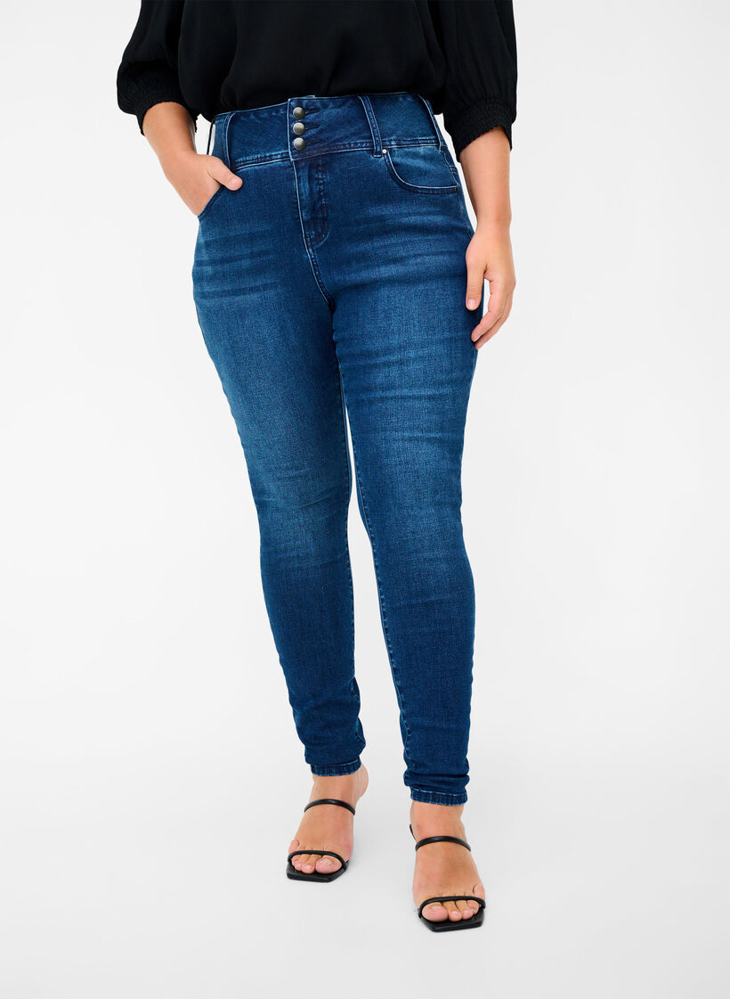 Super Slim Bea Jeans mit hoher Taille, Blau, Model image number 2