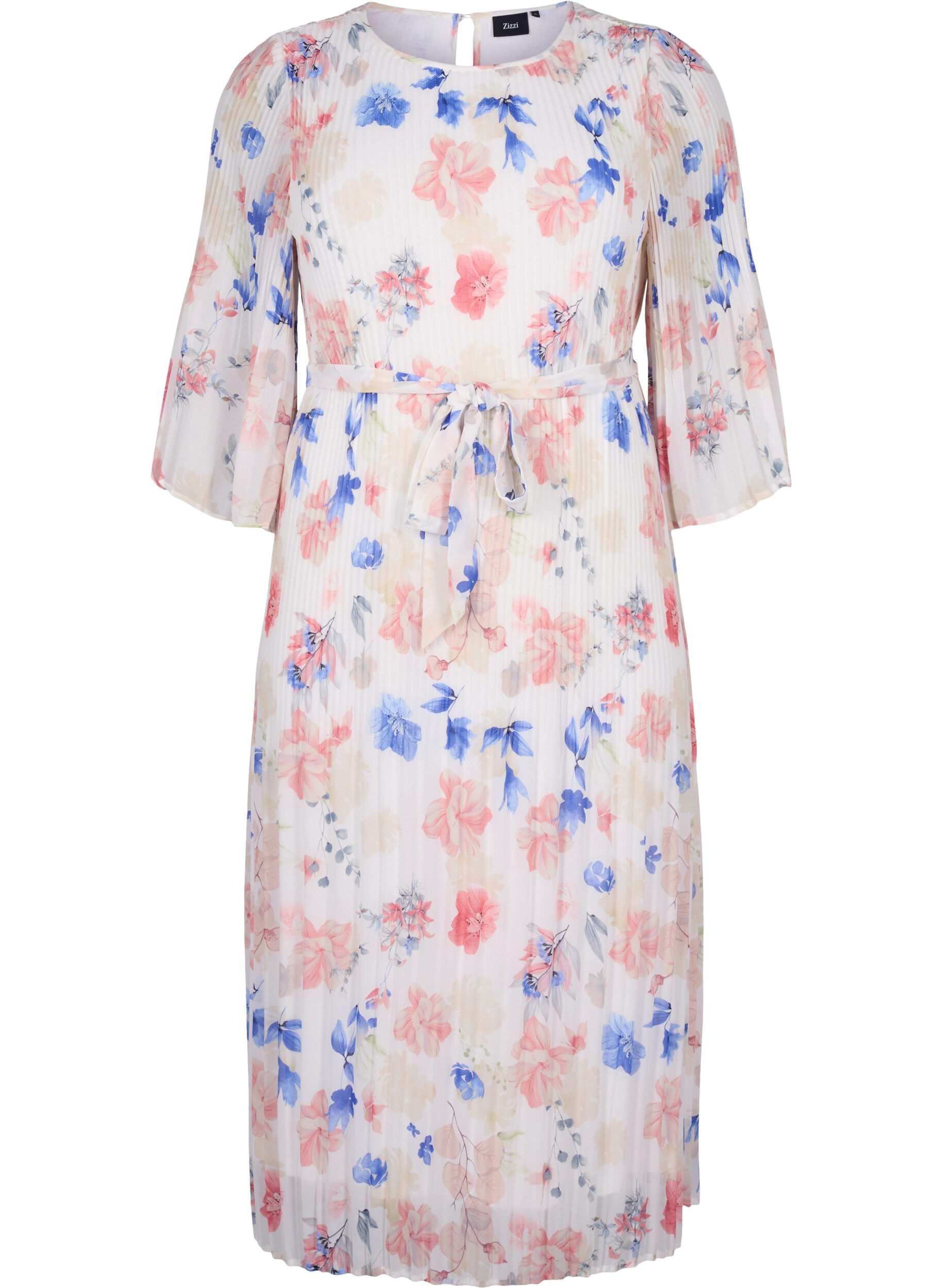 Zizzi Robe pliss&eacute;e florale avec cordon de serrage, White/Blue Floral, Packshot image number 0