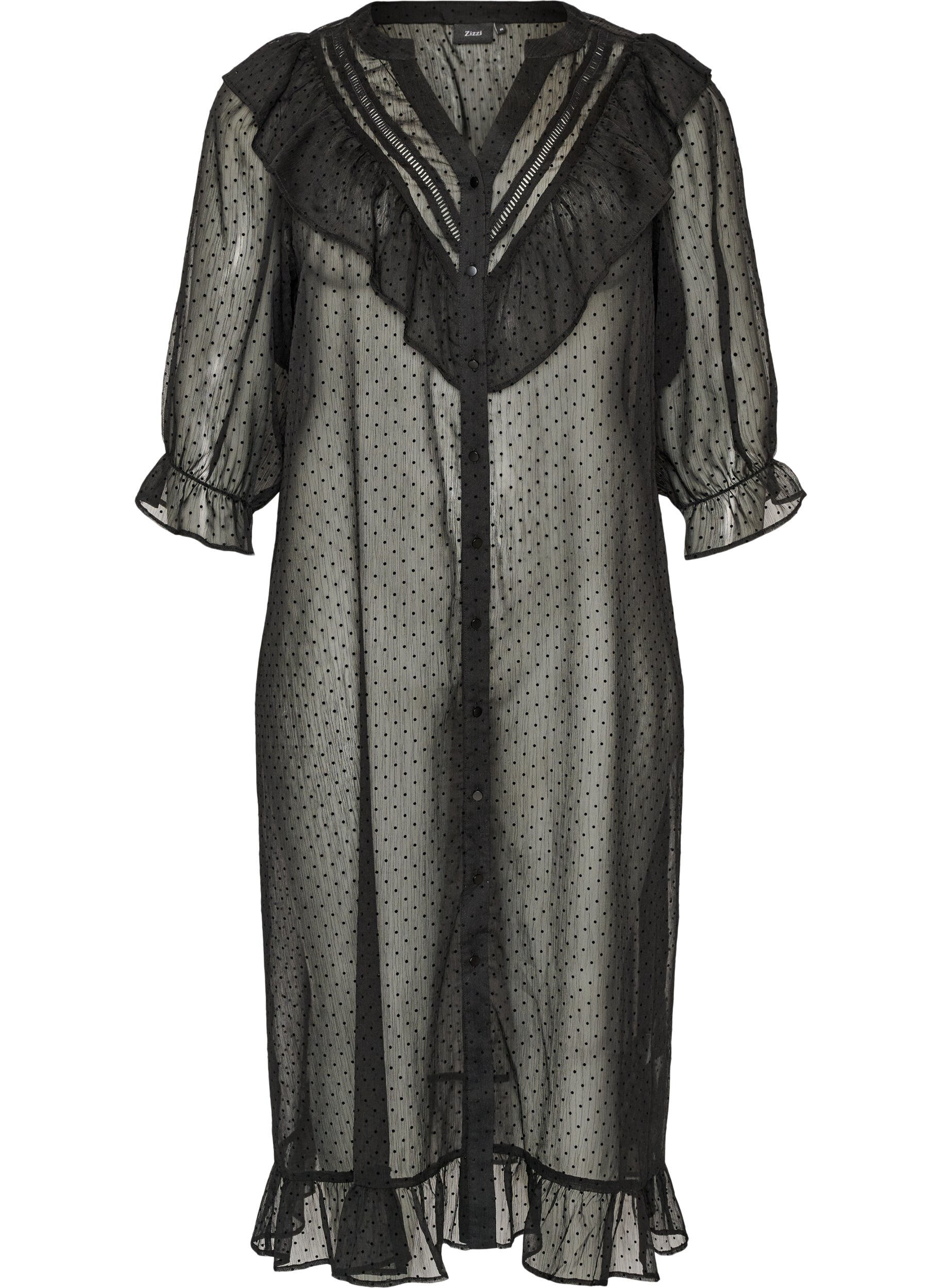 ZizziMidikleid aus einem leichten, transparenten Stoff mit Punkten und R&uuml;schen, Schwarz, Packshot image number 0