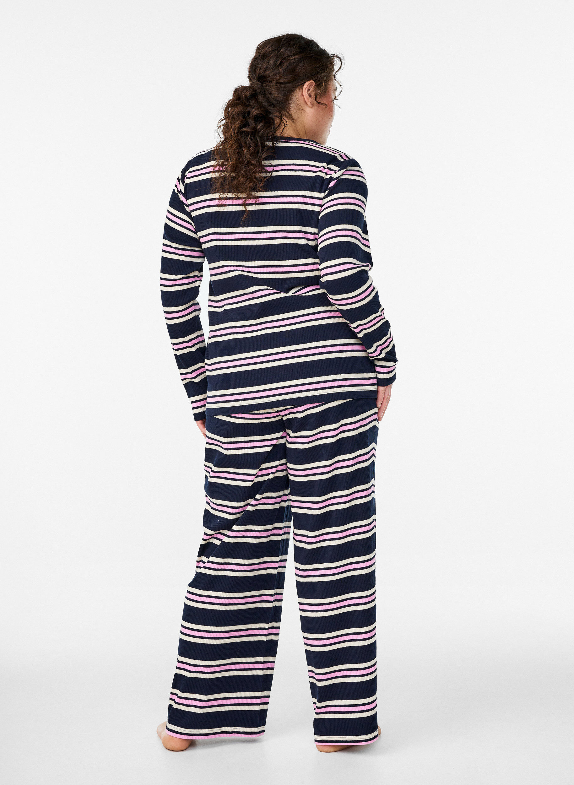 Zizzi Gestreifte Pyjamahose mit weitem Bein, Blau, Model image number 2