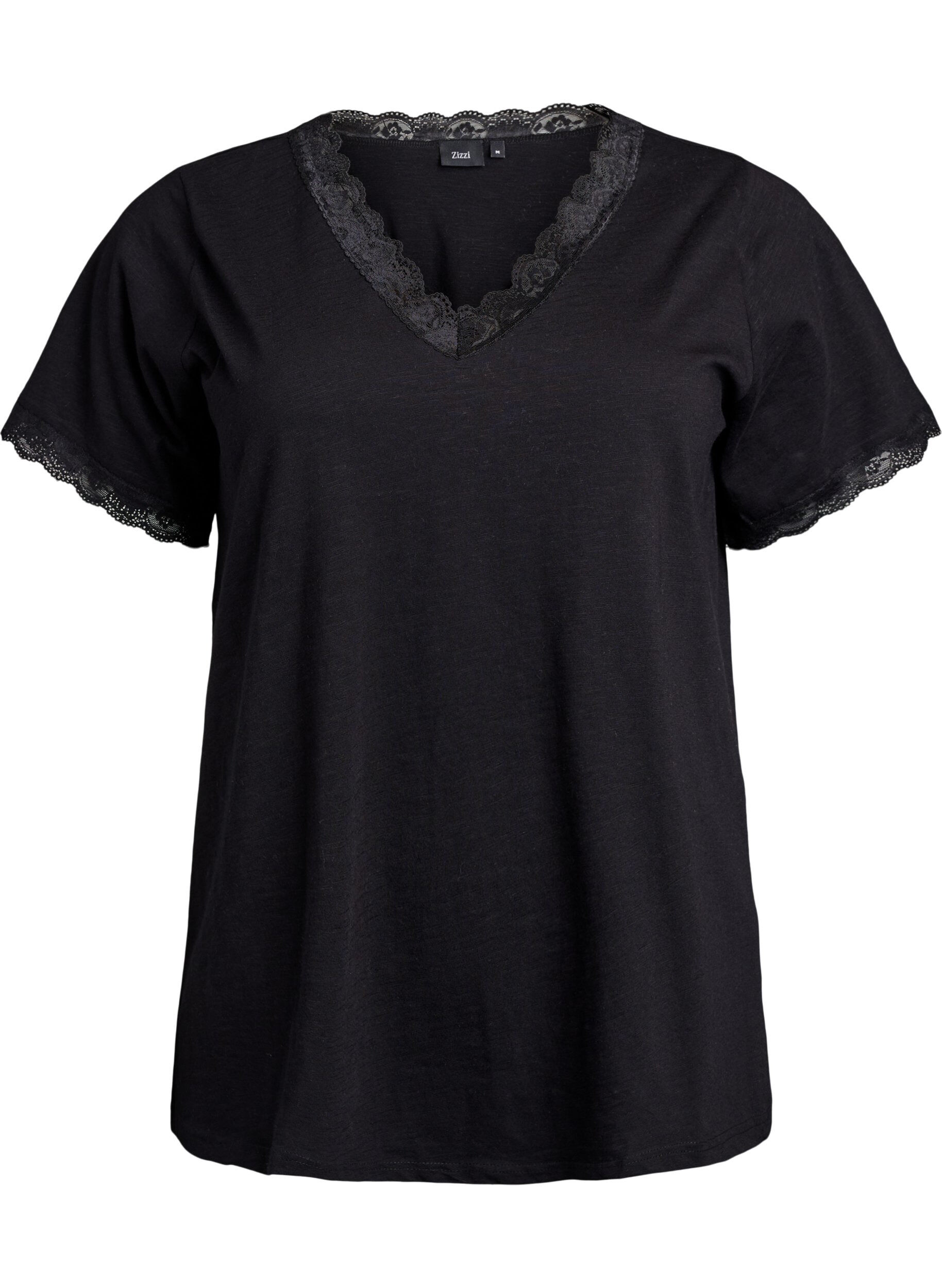 Zizzi T-shirt avec finitions en dentelle, Noir, Packshot image number 0