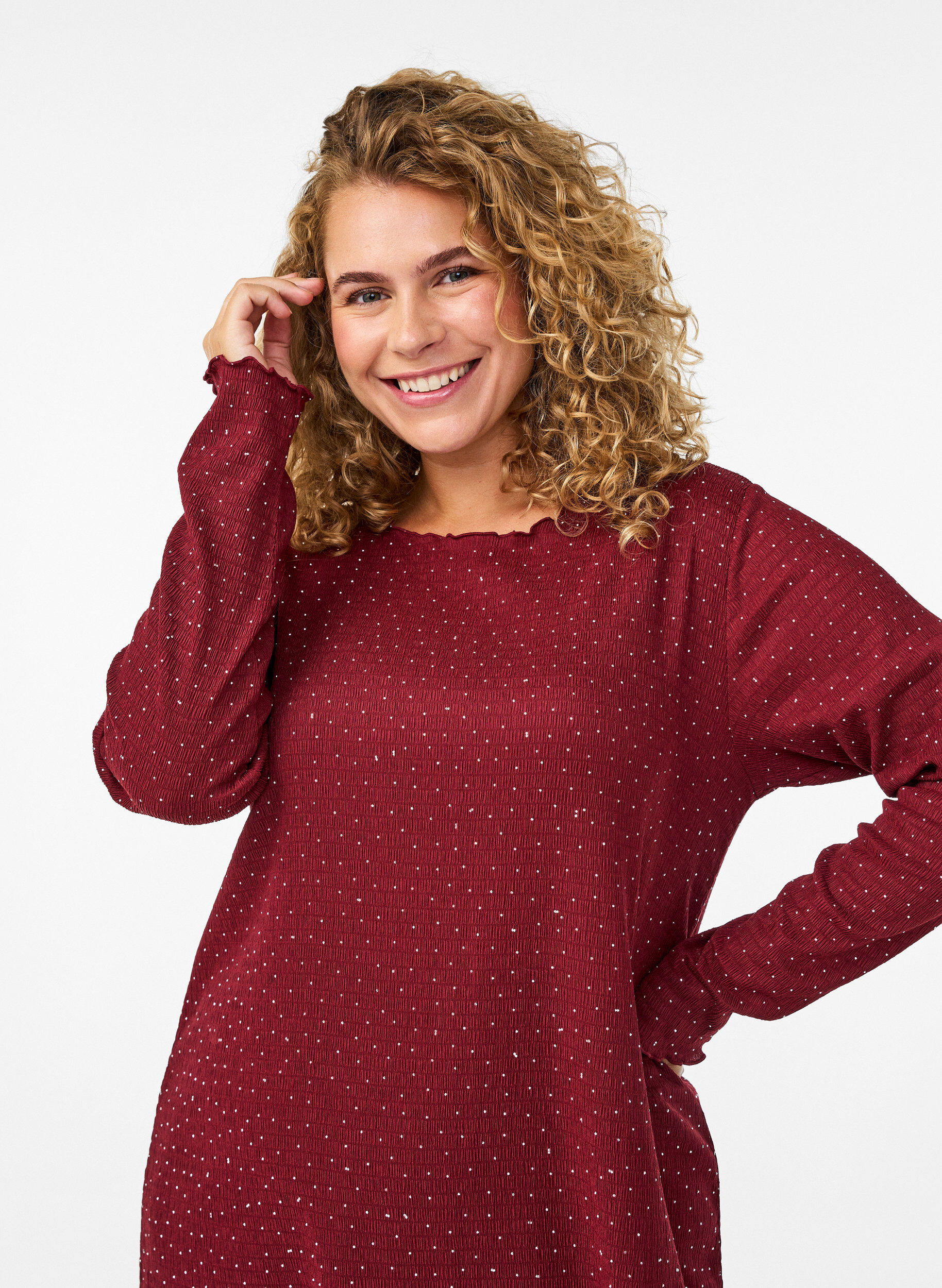 Zizzi Kleid mit Strasssteinen und Bogenkanten, Dunkles Bordeaux, Model image number 3