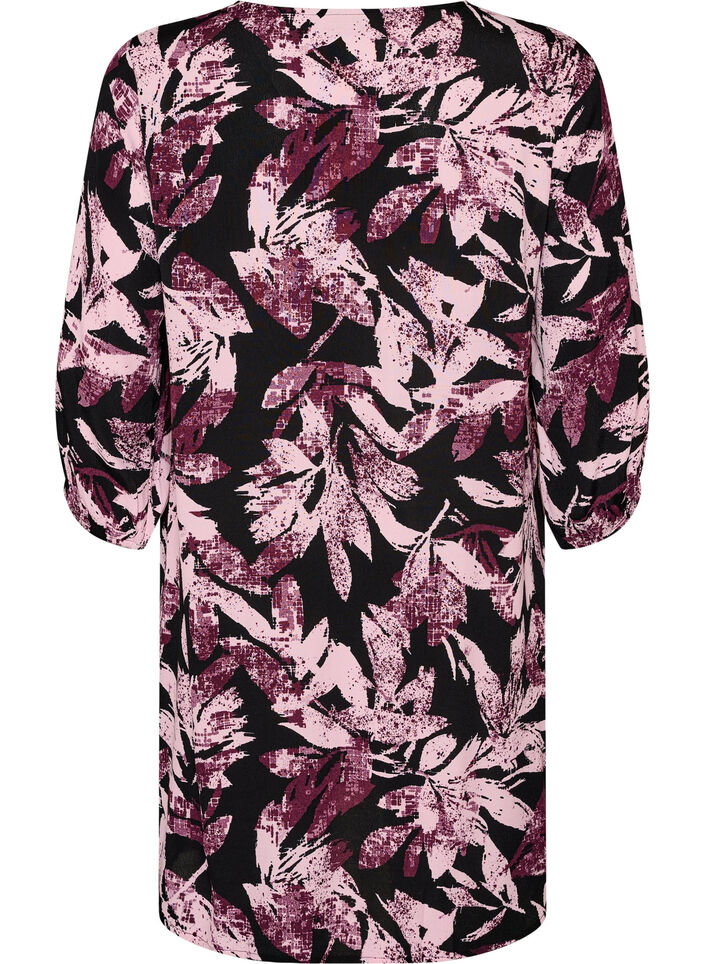 Kurzes gebl&uuml;mtes Kleid aus Viskose mit 3/4-&Auml;rmeln, Schwarz, Packshot image number 1