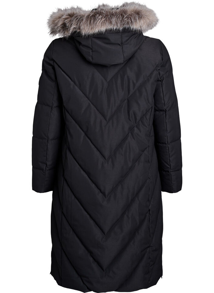 Langer Wintermantel mit Hakenverschl&uuml;ssen und Kunstfellkragen, Schwarz, Packshot image number 1