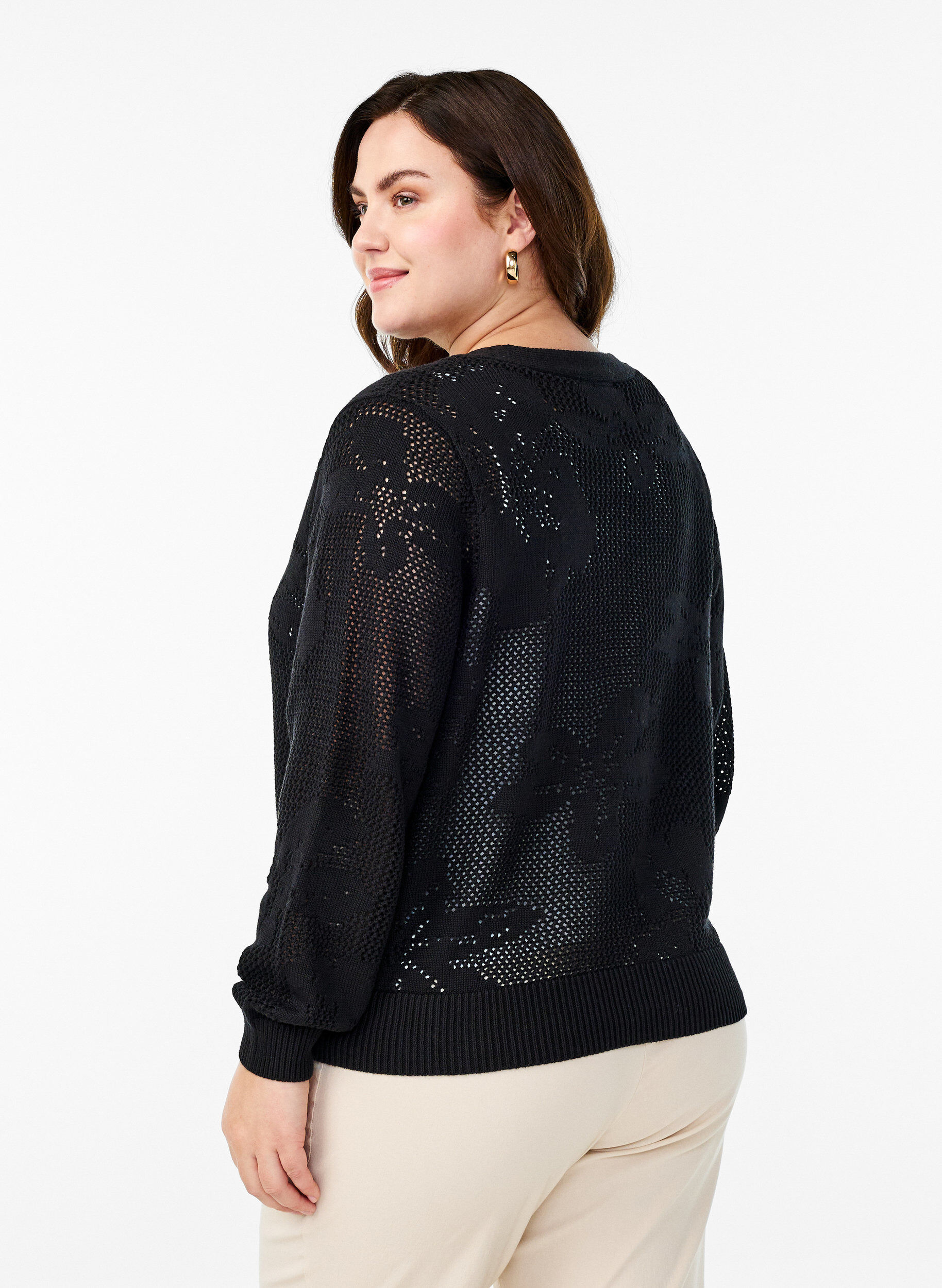 Zizzi Strickjacke mit Lochmuster und Bindeb&auml;ndern, Black, Model image number 1