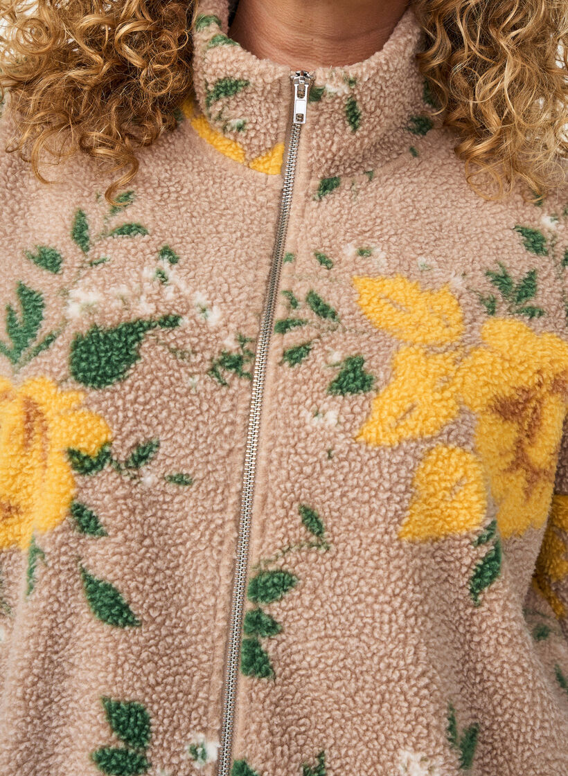Gebl&uuml;mte Fleecejacke mit hohem Kragen und Rei&szlig;verschluss, Beige, Model image number 3