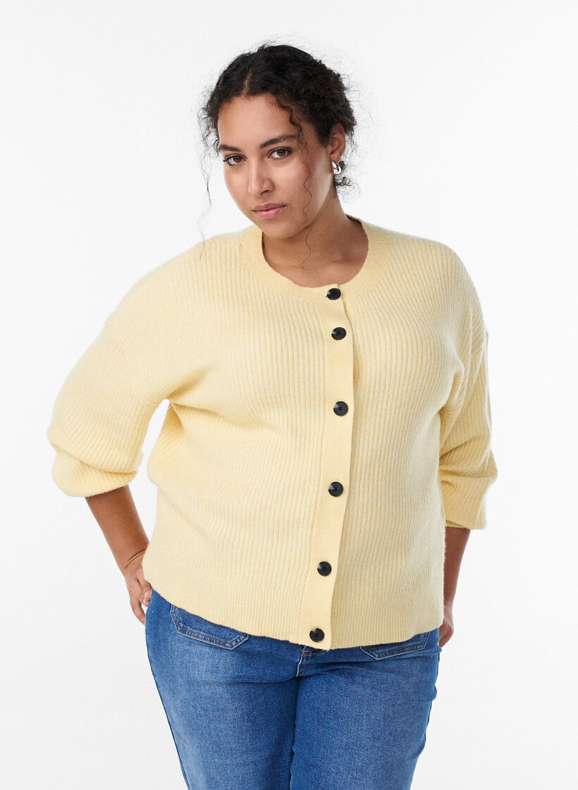 Rippenstrick Strickjacke mit Kn&ouml;pfen, Gelb, Model
