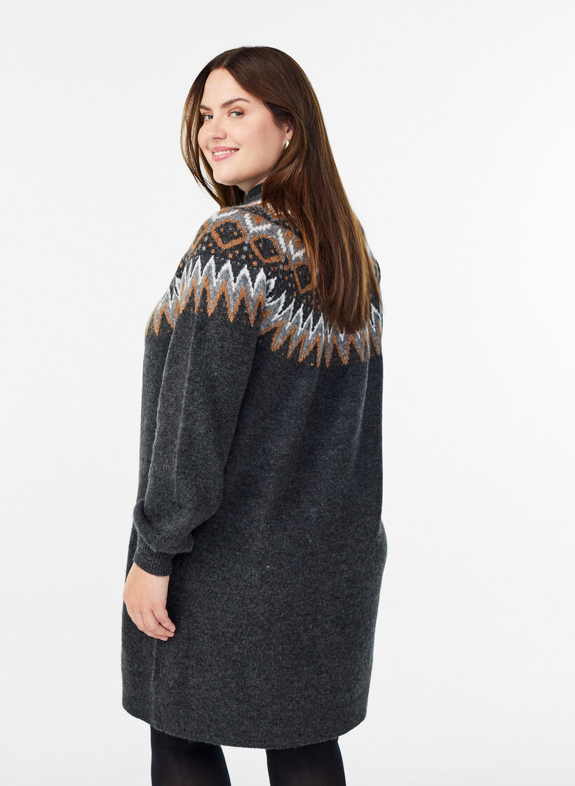 Strickkleid mit Jacquardmuster und Ballonärmeln, Grau, Model image number 2