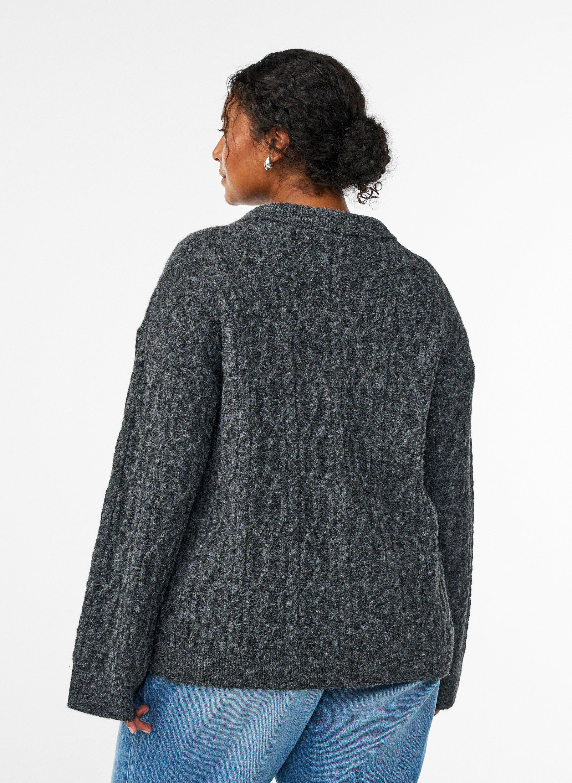 Zizzi Zopfmuster-Pullover mit Polokragen, Grau, Model image number 2