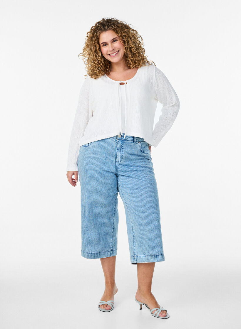 Cardigan en jersey textur&eacute; avec lien &agrave; nouer devant, Blanc, Model image number 1