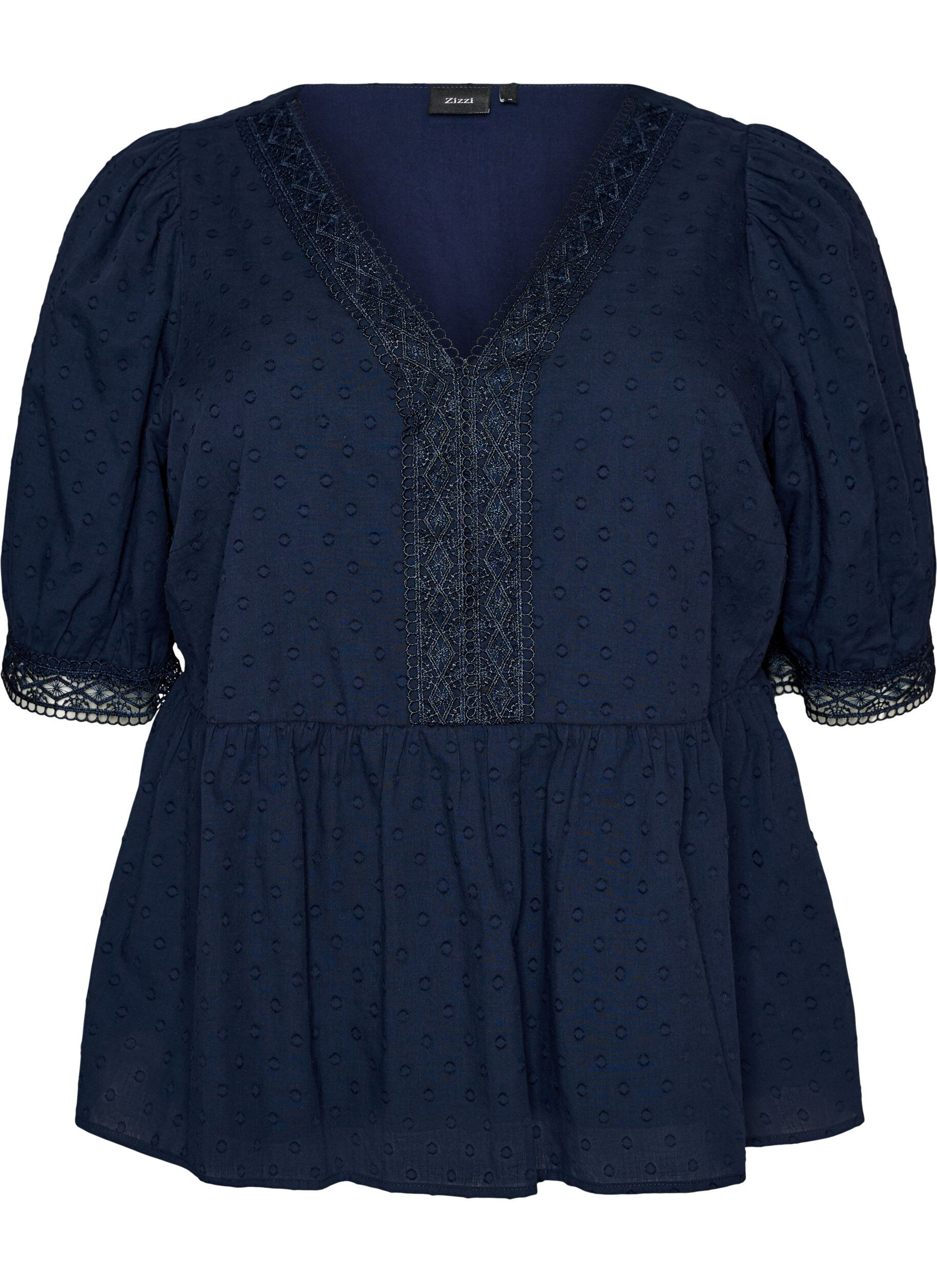 Zizzi Blouse en coton textur&eacute; avec d&eacute;tails en crochet, Bleu, Packshot image number 0