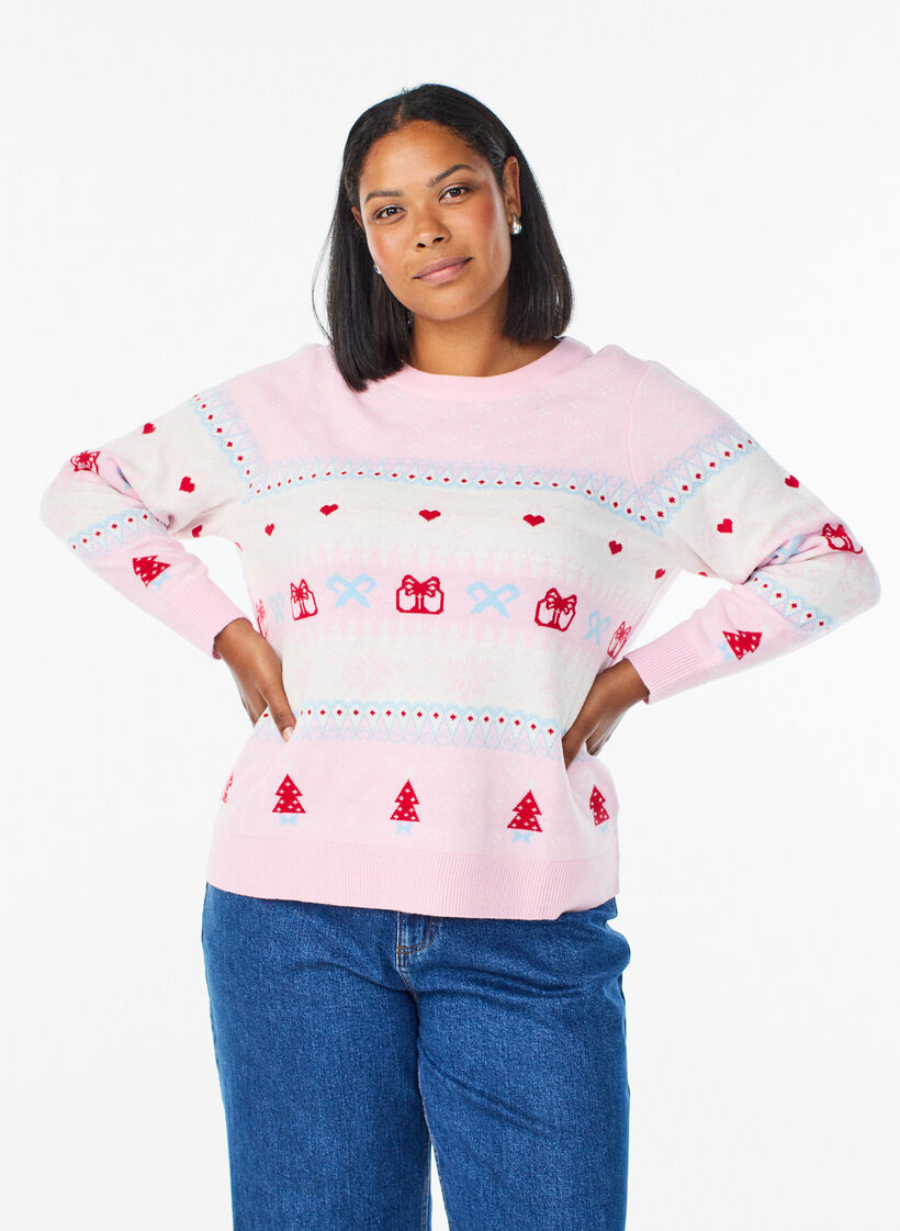 Blouse en maille avec motif de Noël, Rose, Model image number 0