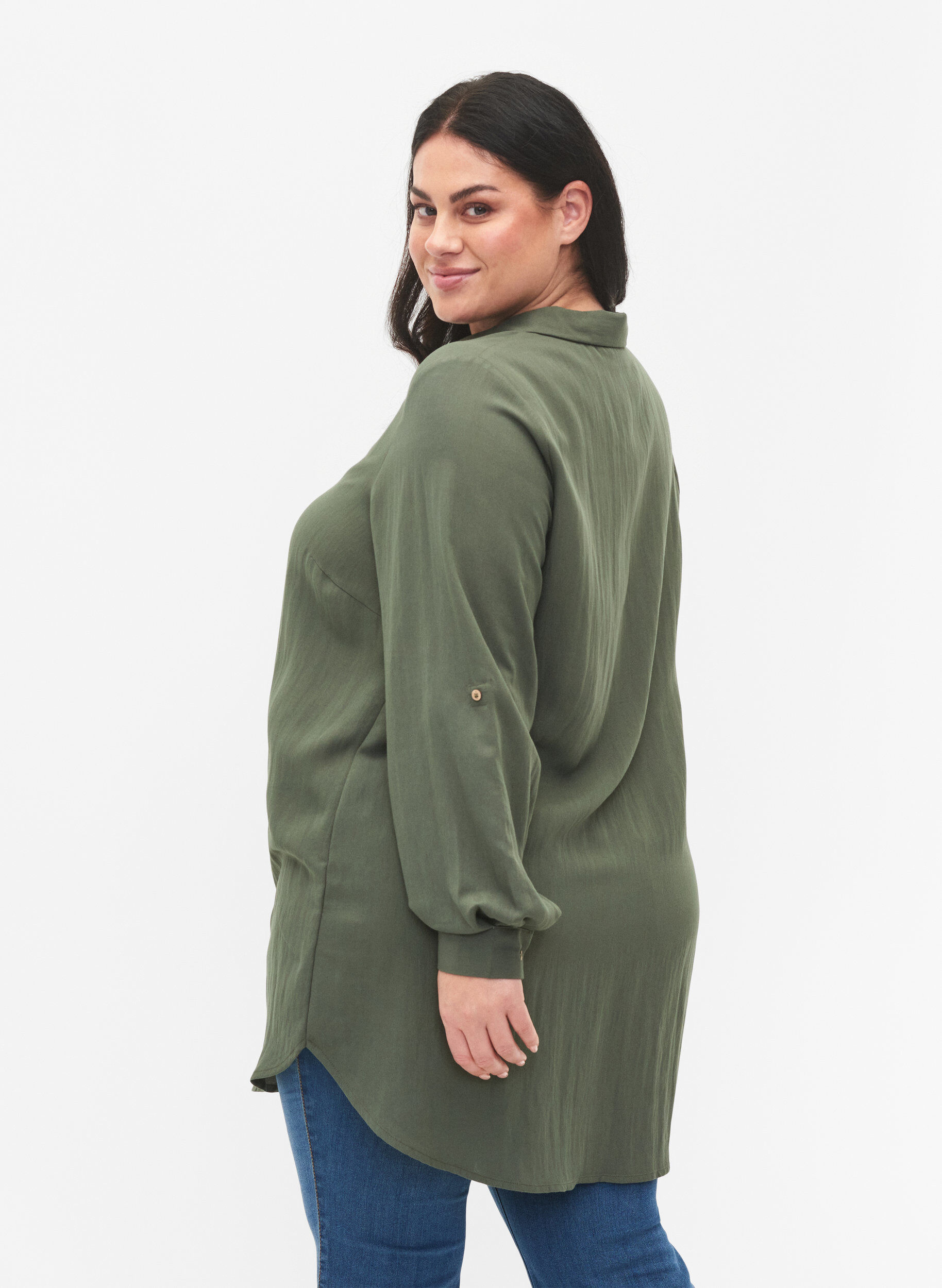 Zizzi Langes einfarbiges Hemd aus Viskose, Thyme, Model image number 1