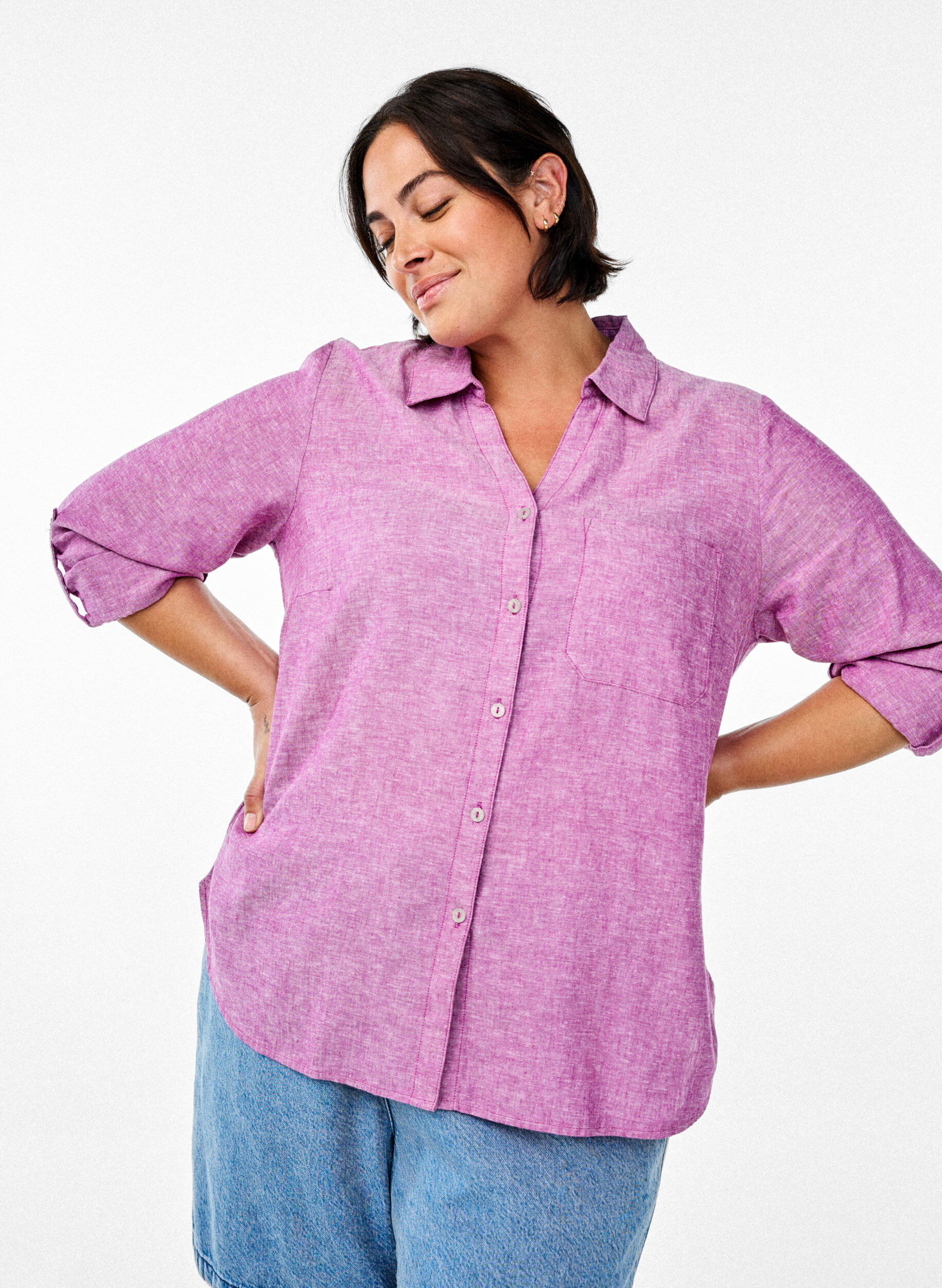 Zizzi Bluse aus Leinen und Viskose mit 3/4-&Auml;rmeln, Lila, Image image number 0