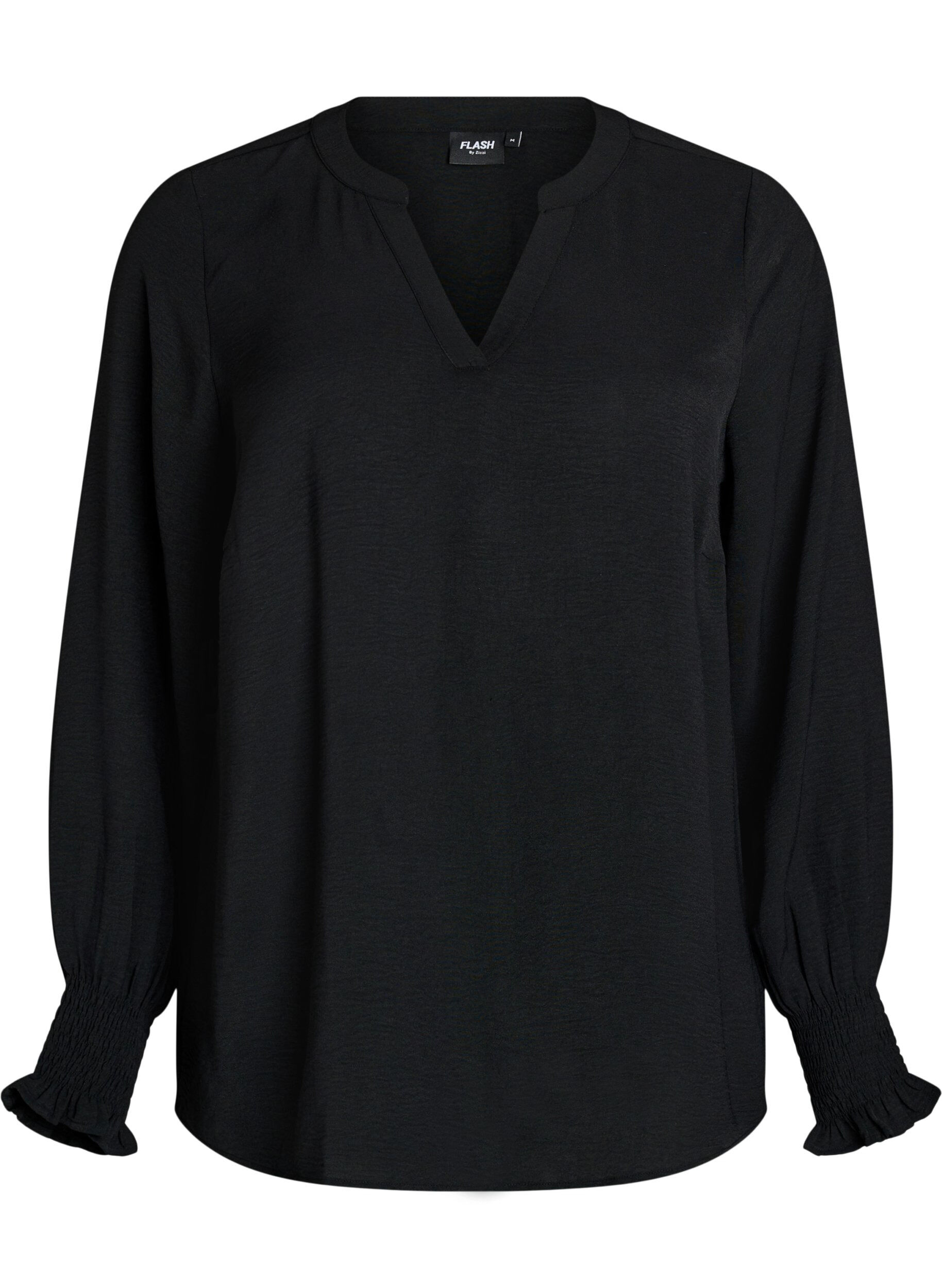 Zizzi Blouse avec poignets smock&eacute;s et col en V, Noir, Packshot image number 0