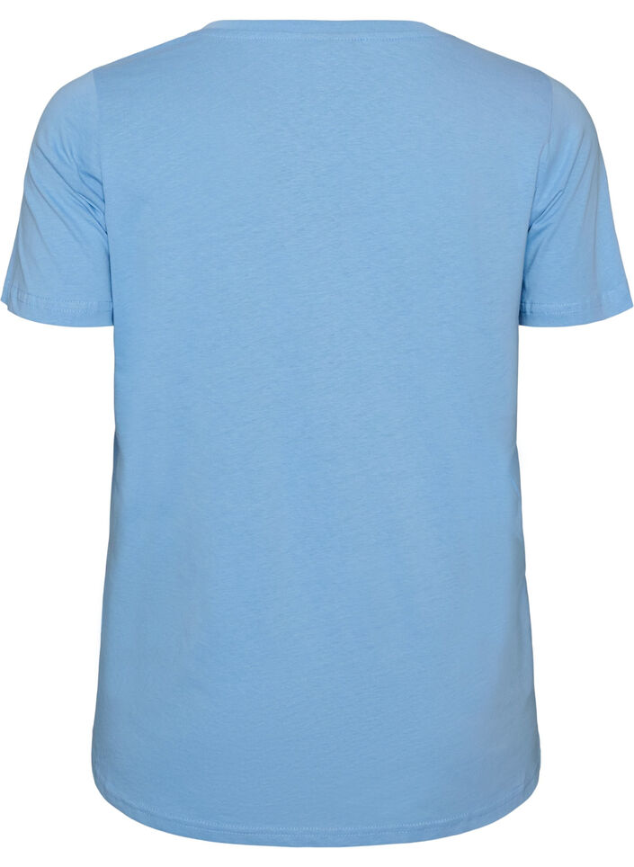 T-shirt en coton avec imprim&eacute; sur le devant et col en V, Bleu Clair, Packshot image number 1