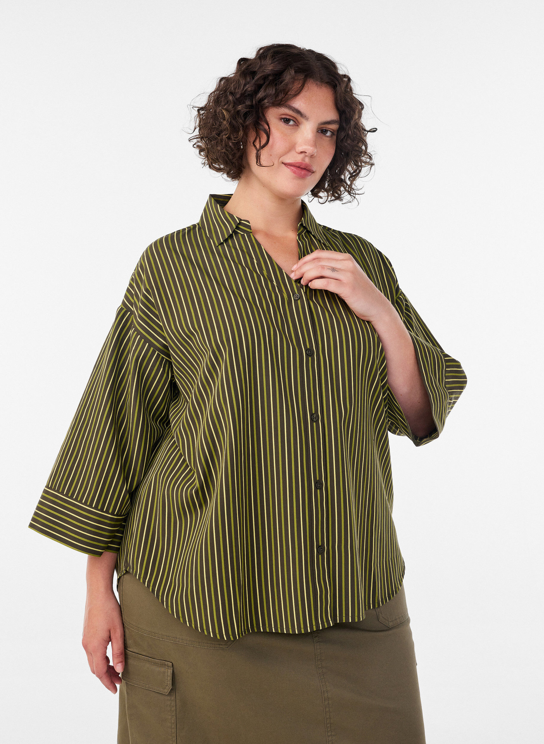 ZizziChemise ample &agrave; rayures avec manches 3/4, Vert, Model image number 0