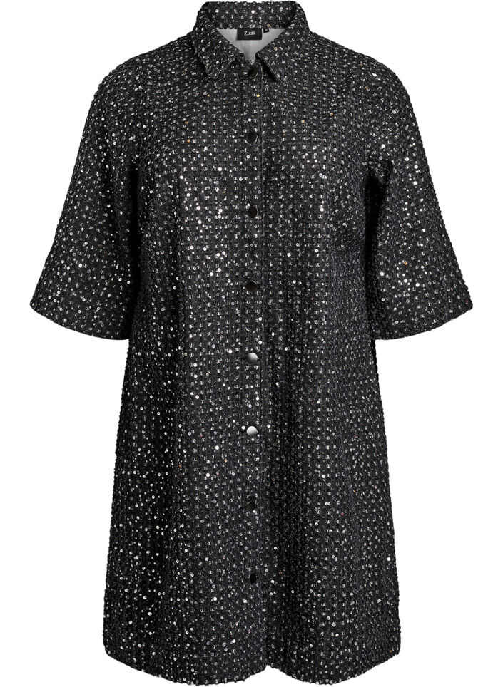 Robe en denim avec sequins et manches 3/4, Noir, Packshot image number 0
