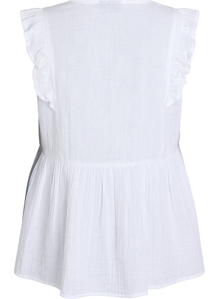 Blouse sans manches en mousseline de coton avec volants, Blanc, Packshot image number 1