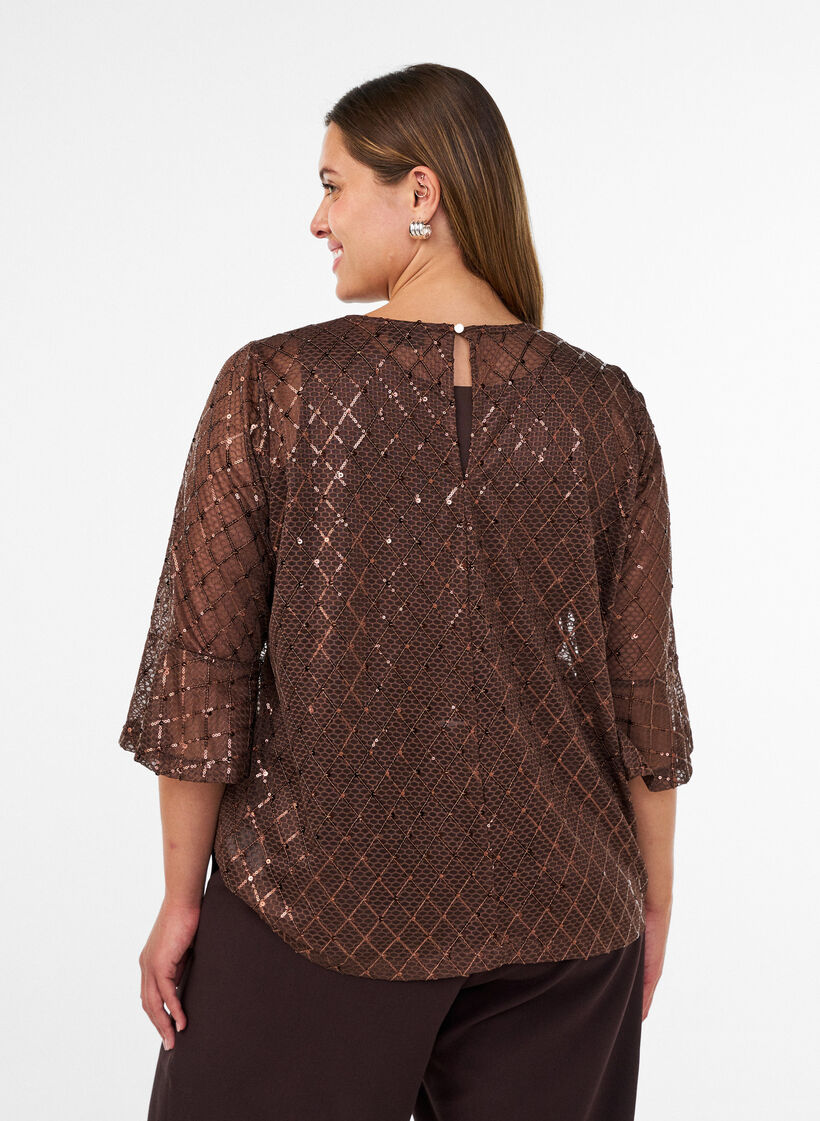 Blouse transparente avec sequins et motif &agrave; losanges, Marron, Model image number 2