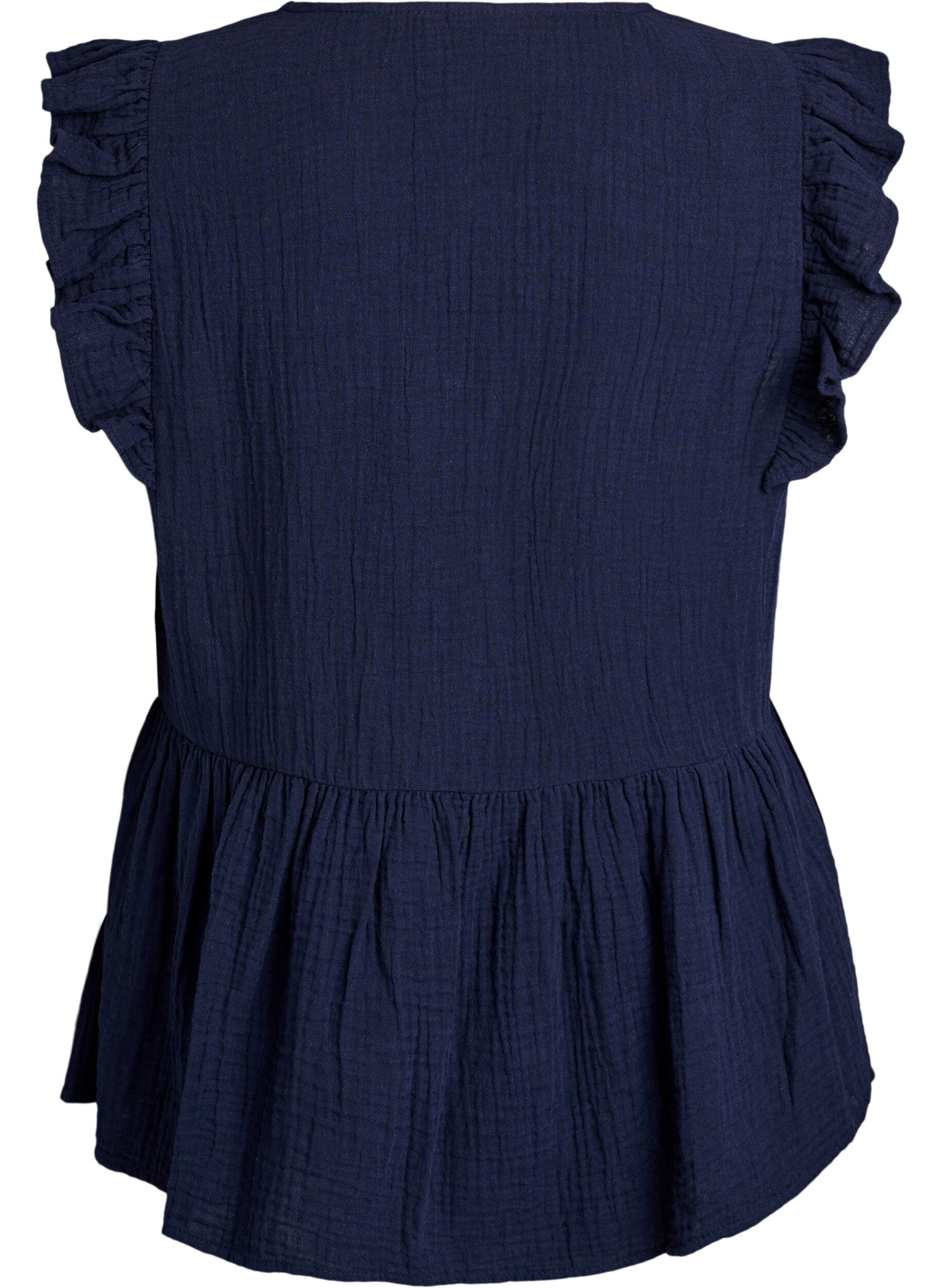 Zizzi&Auml;rmellose Bluse aus Baumwoll-Musselin mit R&uuml;schen, Blau, Packshot image number 1