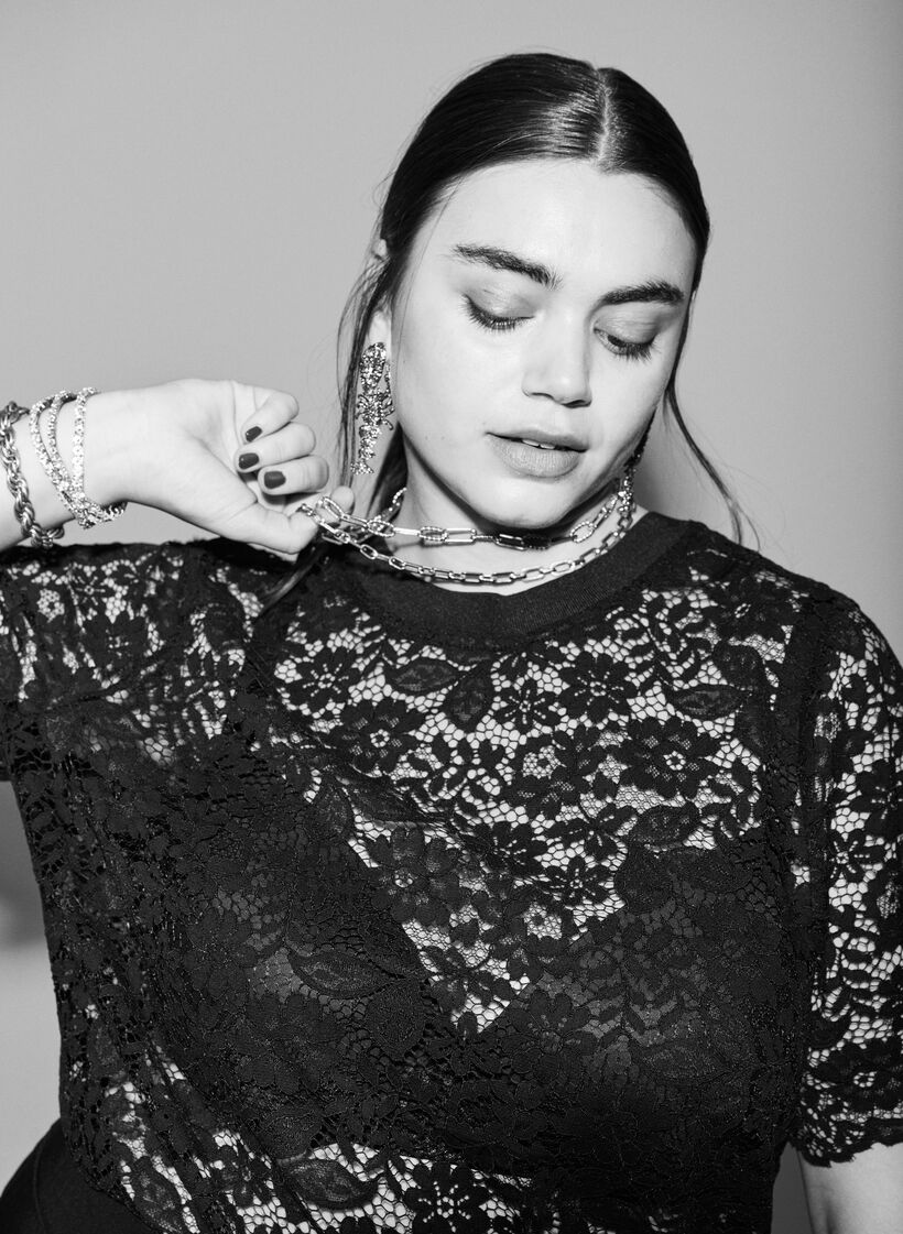 Blouse en dentelle à manches courtes et col rond, Noir, Image