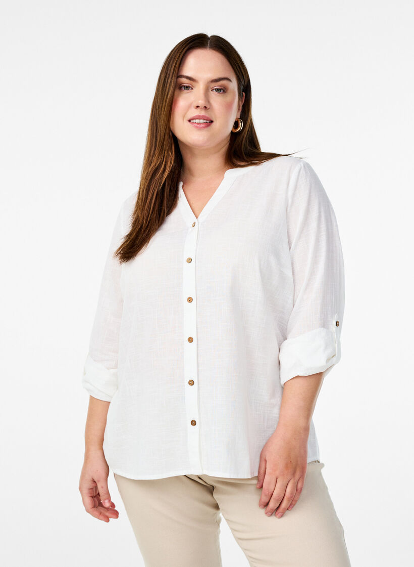 Baumwollbluse mit V-Ausschnitt, Wei&szlig;, Model image number 0