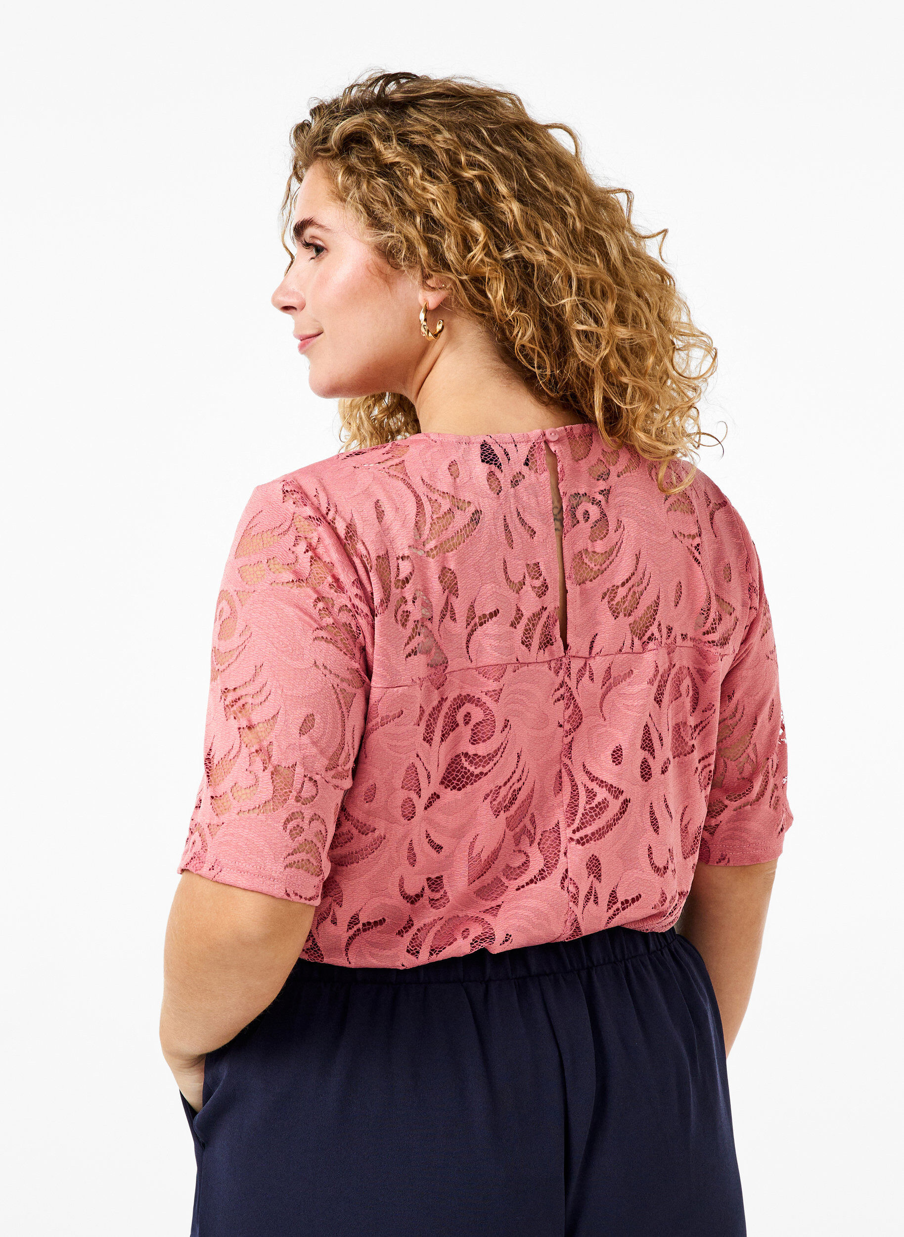 Zizzi Bluse mit Spitze und kurzen &Auml;rmeln, Dusty Rose, Model image number 1