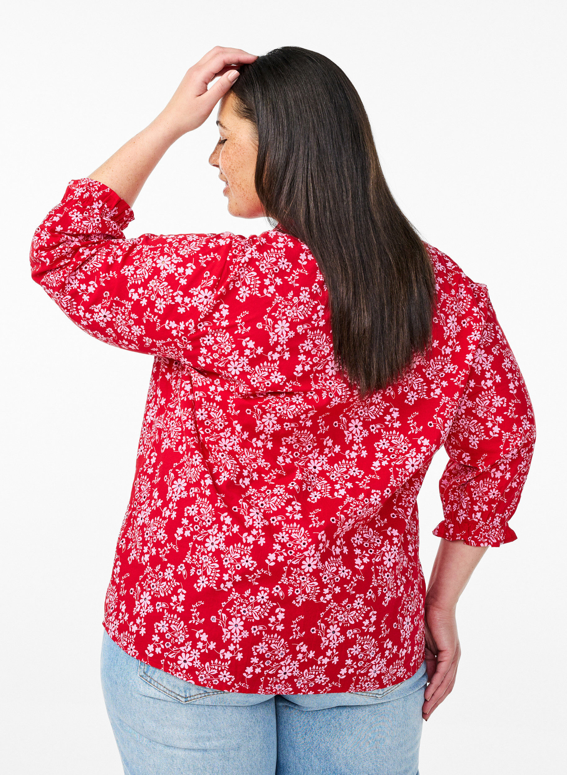 Zizzi Chemisier en coton avec imprim&eacute; floral, Rouge, Model image number 2