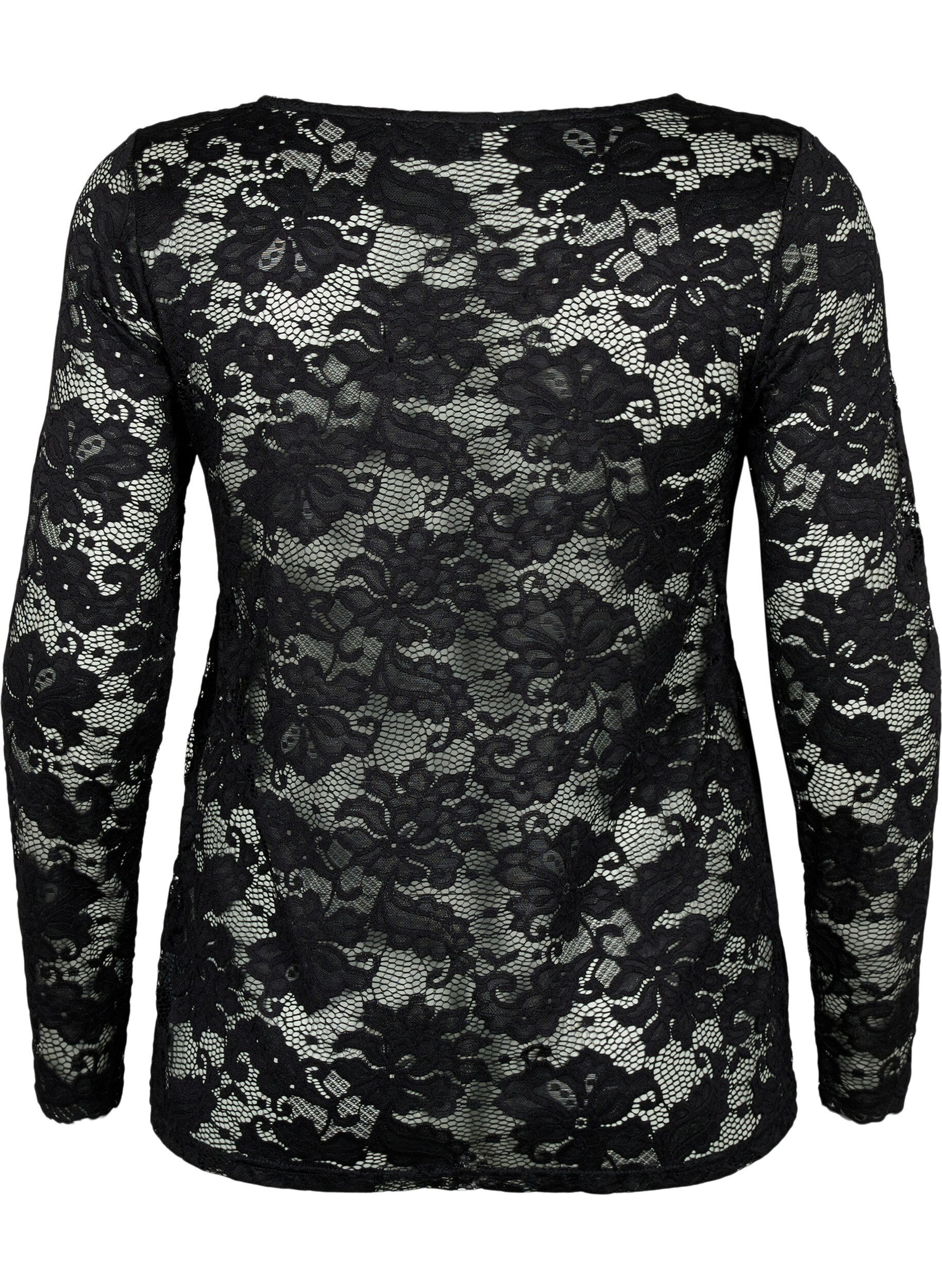 Zizzi Chemisier en dentelle &agrave; manches longues et col en V, Black, Packshot image number 1